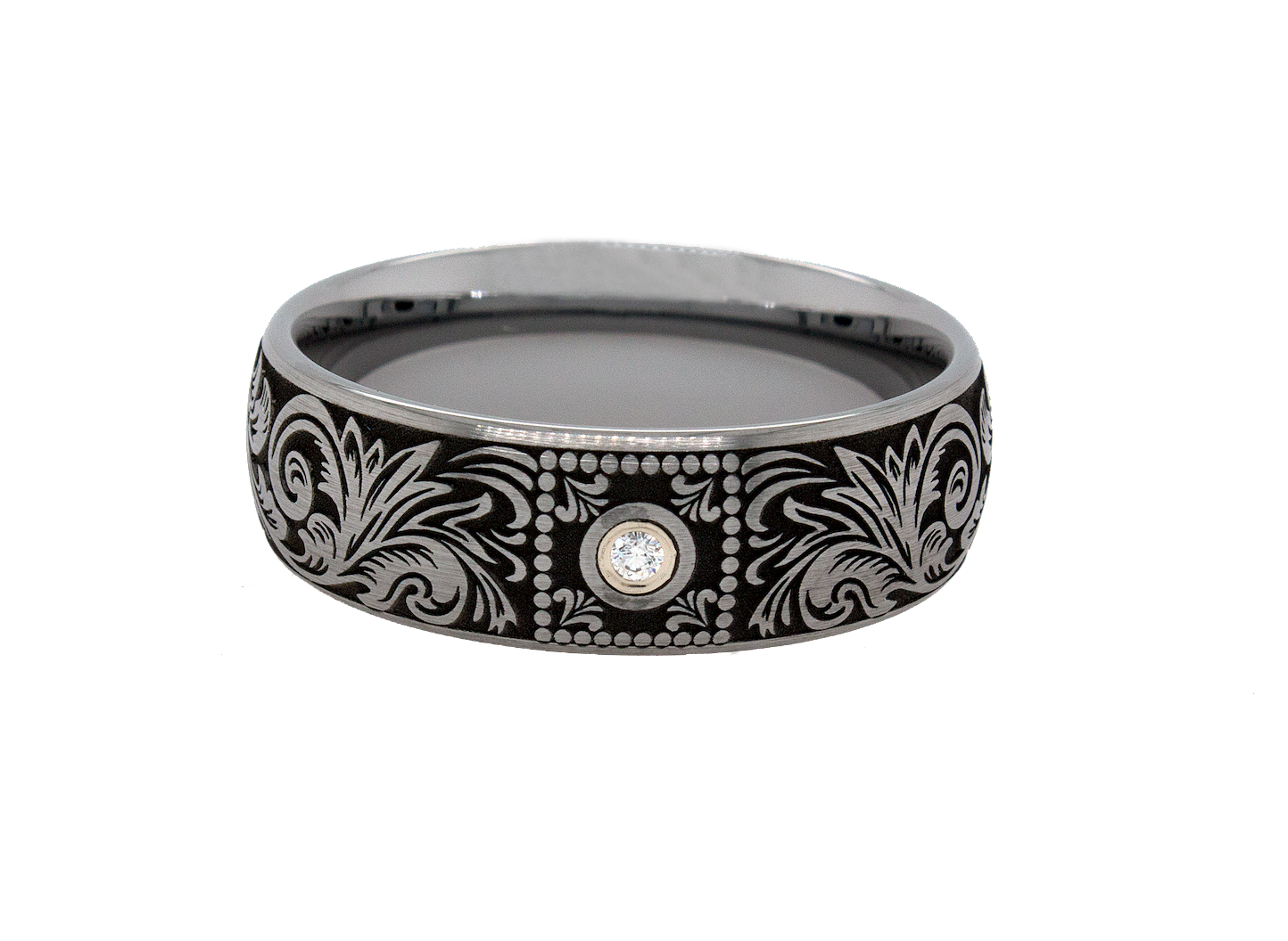 ring, ring with white background, tungsten ring, diamond ring, wedding band, custom tungsten ring, diamond wedding band, diamond tungsten ring, victorian wedding band, engraved ring