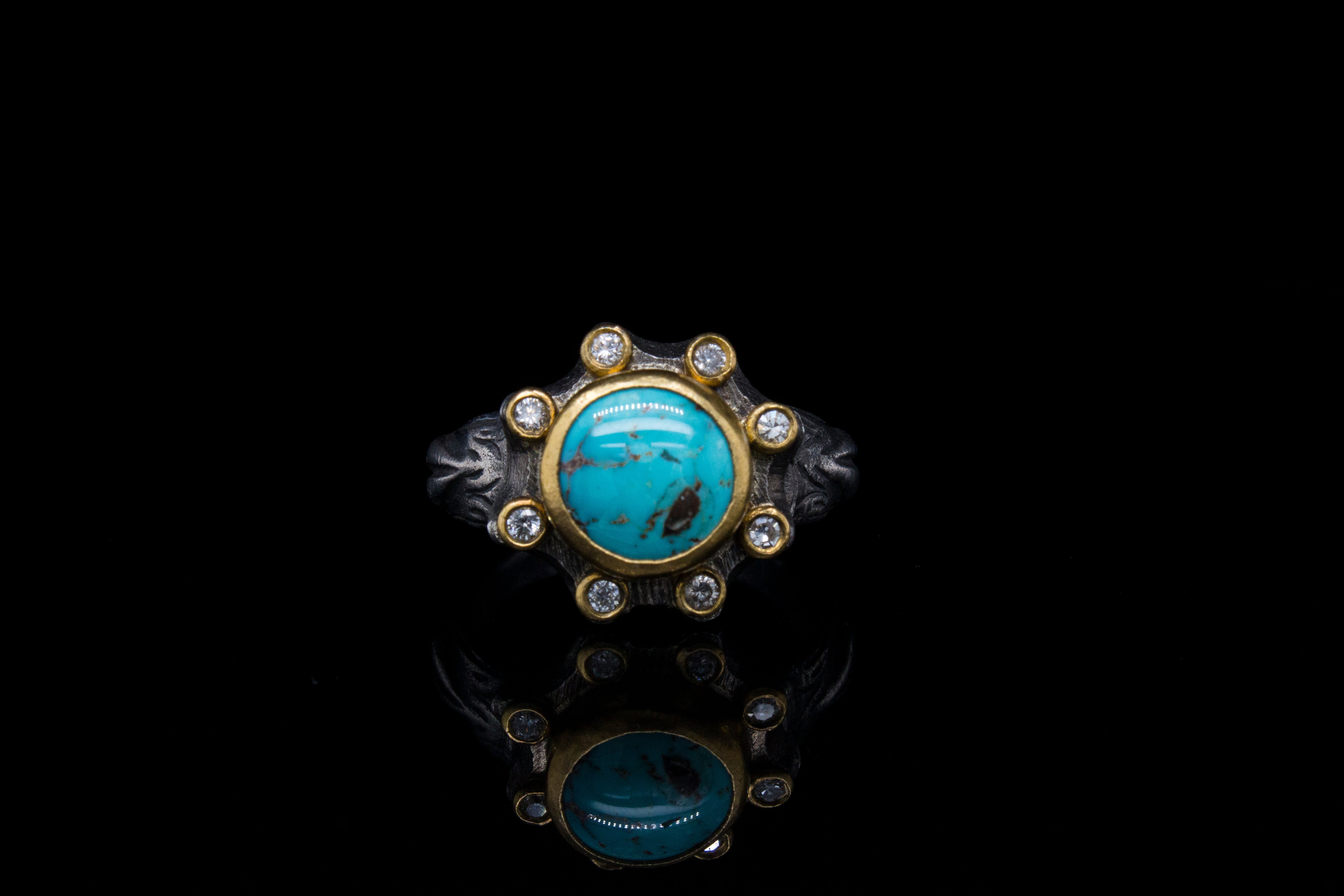 24k Solid Gold and Silver Ring with Diamonds and Turquoise