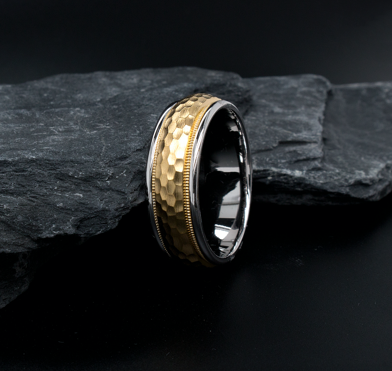 ring, ring on white background, domed ring, solid gold ring, hammered ring, wedding band, unisex ring, stackable ring, textured ring, two toned ring, solid yellow gold ring, white gold ring, 8mm ring