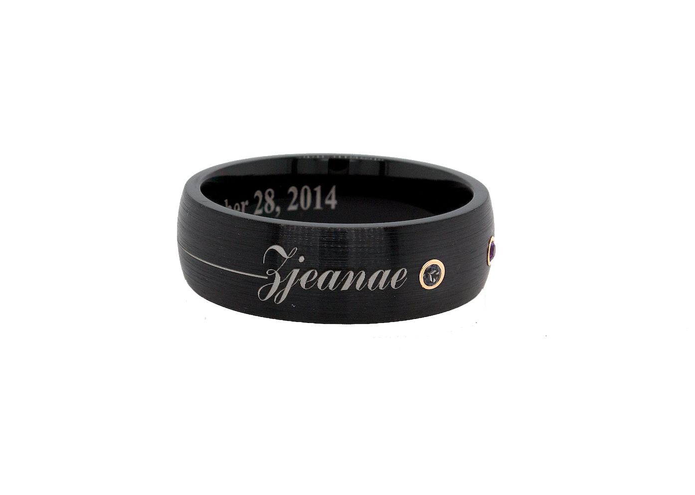 ring, ring on white background, black ring, black plated ring, brushed ring, gemstone ring, engraved ring, ring with name, personalized ring, custom wedding band, engraved ring