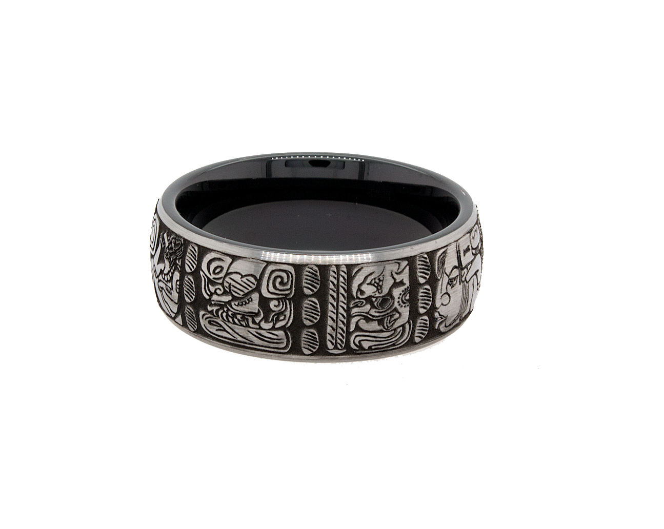 ring, ring on white background, mens wedding band, women's wedding band, 8mm ring, 8mm tungsten band, black plated ring, mayan wedding band, custom wedding band, engraved ring, ring with mayan symbols