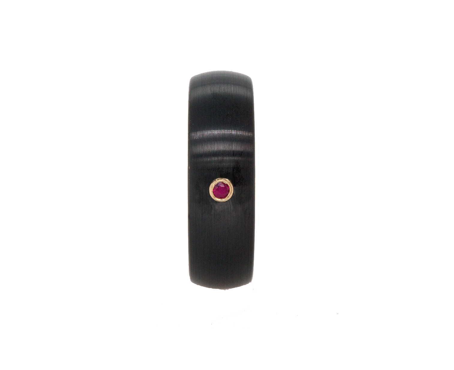 8mm, Custom Made, Dome Shaped, Tungsten Ring with black Exterior, Yellow Gold Interior and Round Cut Ruby