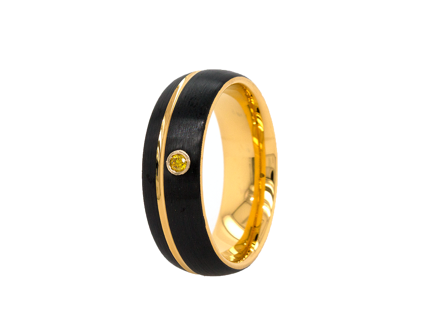 ring, ring with white background, tungsten ring, black ring, yellow gold ring, citrine ring, round shaped citrine, gemstone ring, custom ring, custom wedding band, black yellow gold ring, wedding band, brushed ring