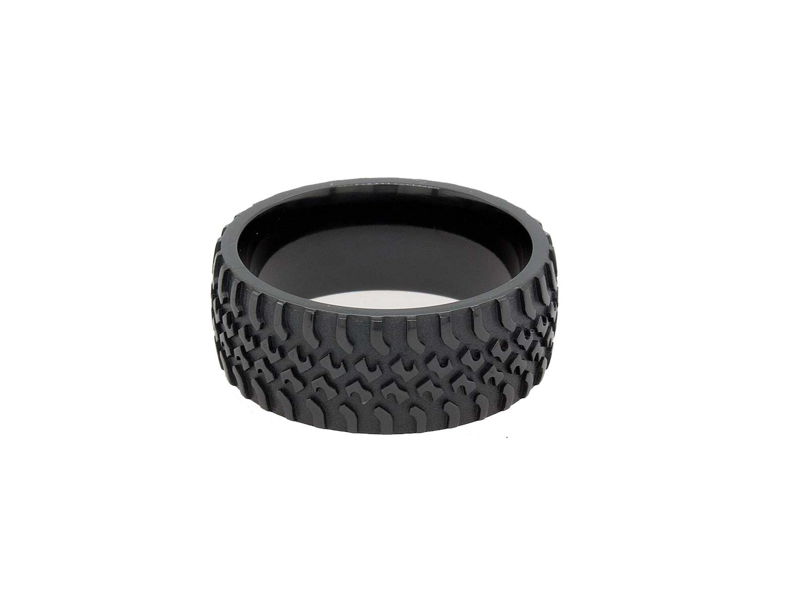 ring, ring on white background, black ring, black zirconium ring, tire track ring, tire track wedding band, 9mm ring, 9mm wedding band, tire ring, engraved ring, mens wedding band, women's wedding band, custom ring, zirconium ring