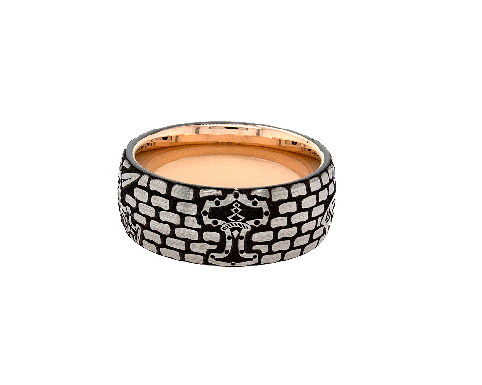 ring, ring with white background, rose gold ring, tungsten ring, brick pattern ring, rose gold plated ring, viking ring, viking shield, viking swords, viking axes, ax ring, custom ring, engraved ring, 8mm ring, wedding band