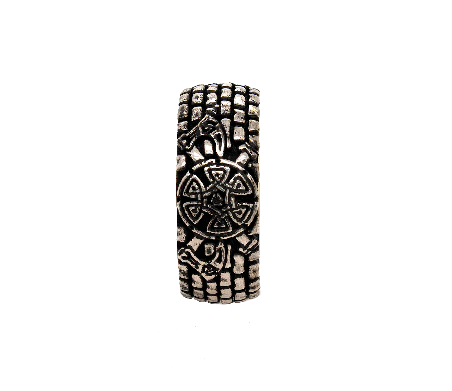 ring, ring on white background, mens rings, women's rings, silver ring, dome shaped ring, 8mm ring, yellow gold plated ring, brick pattern, viking ring, viking symbols, shield, swords, axes, hammer, custom silver ring