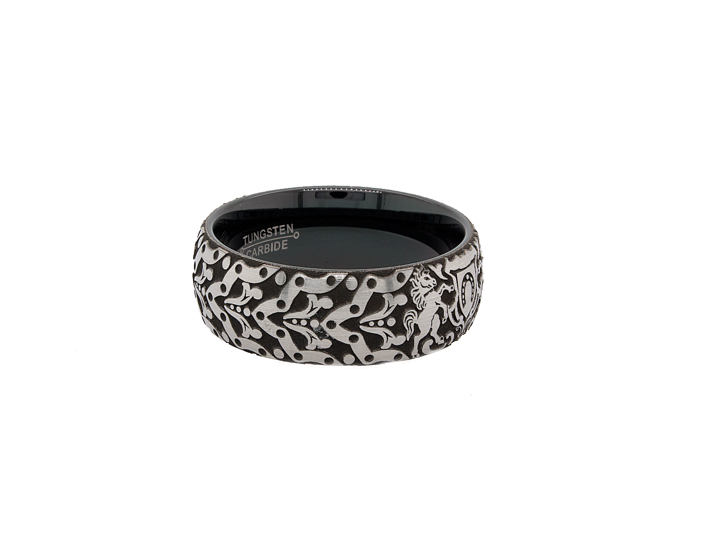 ring, ring on white background, black ring, black plated tungsten, horseshoe ring, ring with horses, medieval ring, wedding band  Edit alt text
