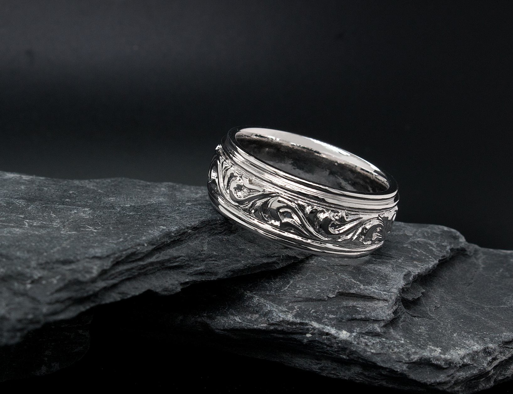 ring, ring on white background, mens wedding band, womens wedding band, victorian style ring, victorian ring, stepped edges, victorian wedding band, silver color ring, unisex ring