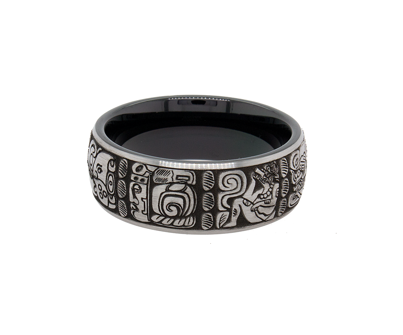 ring, ring on white background, mens wedding band, women's wedding band, 8mm ring, 8mm tungsten band, black plated ring, mayan wedding band, custom wedding band, engraved ring, ring with mayan symbols