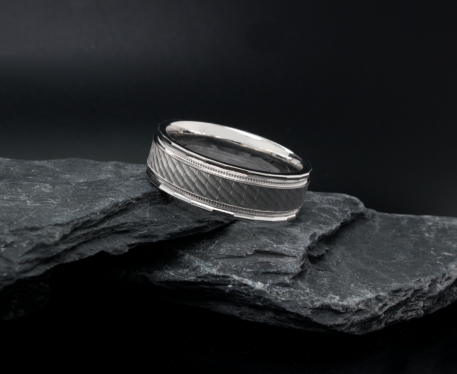 ring, ring on black background, 8mm ring, flat shaped ring, solid gold ring, white gold ring, mens wedding band, womens wedding band, unisex ring, shimmery pattern, milgrain engraving, unisex ring, stackable ring