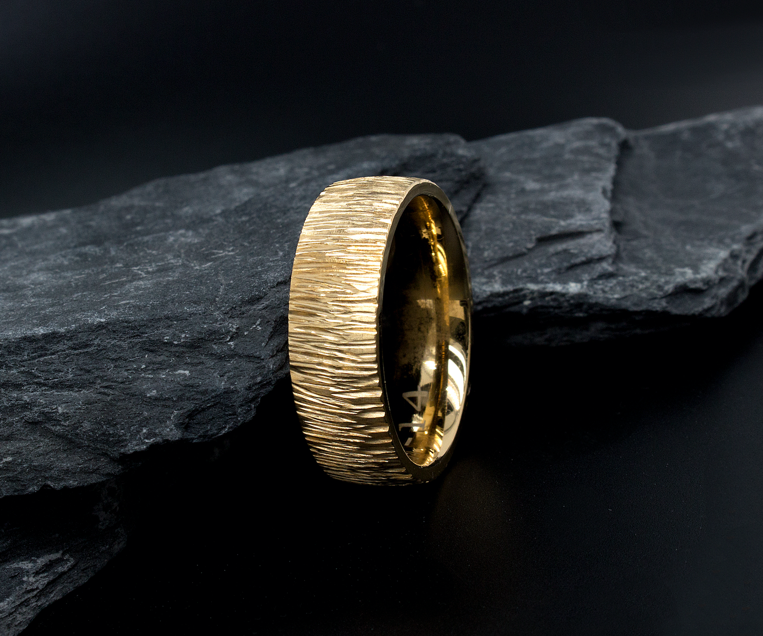 ring, ring on white background, yellow gold ring, dome shaped ring, solid yellow gold ring, tree bark texture, textured ring, tree bark ring, custom ring, mens ring, womens ring, unisex ring, wedding band, wedding band for men, 8mm ring