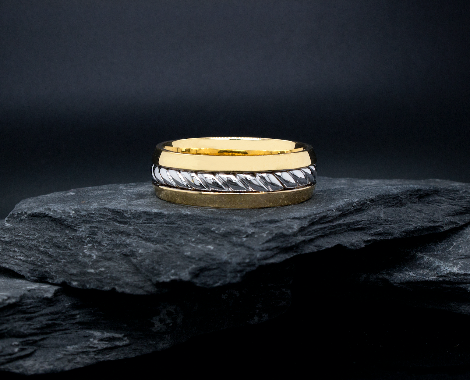 ring, two toned ring, yellow gold ring, white gold ring, polished ring, dome shaped ring, ring on white background, twisted rope inlay, textured ring, mens wedding band, womens wedding band, unisex ring, custom ring