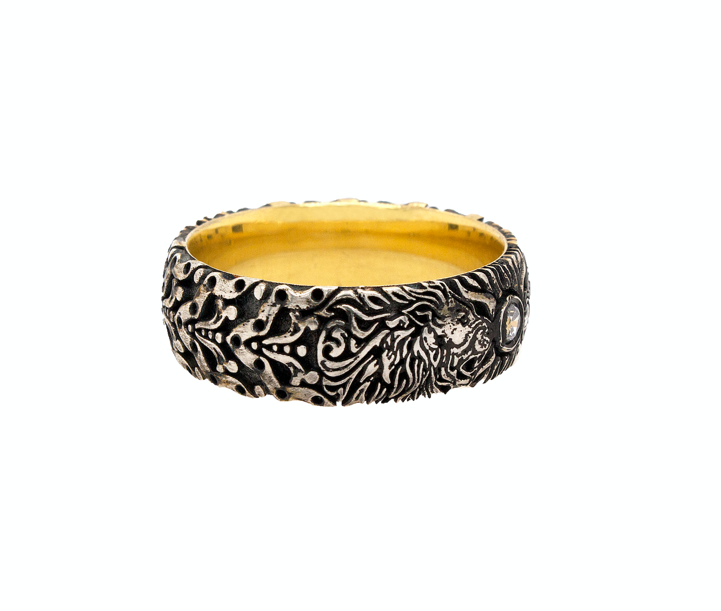ring, ring on white background, mens rings, women's rings, ring with yellow gold plated interior, engraved ring, ring with lion heads, diamond ring, silver ring, sterling silver ring, medieval ring