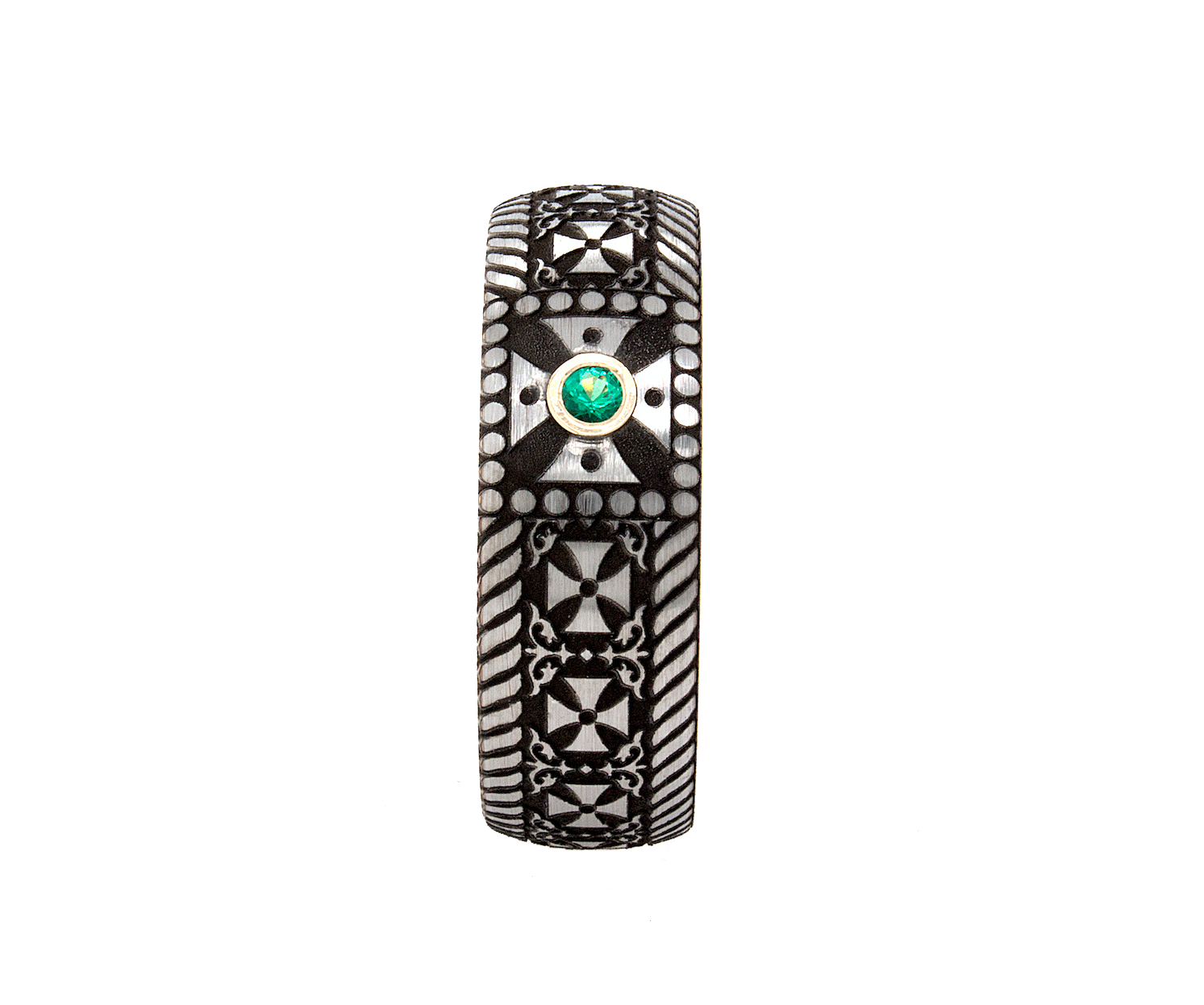 ring, ring on white background, tungsten ring, ring with yellow gold plating, ring with emerald, emerald wedding band, cross ring, ring with crosses, gemstone ring, birthstone ring, religious ring, mens wedding band, women's wedding band