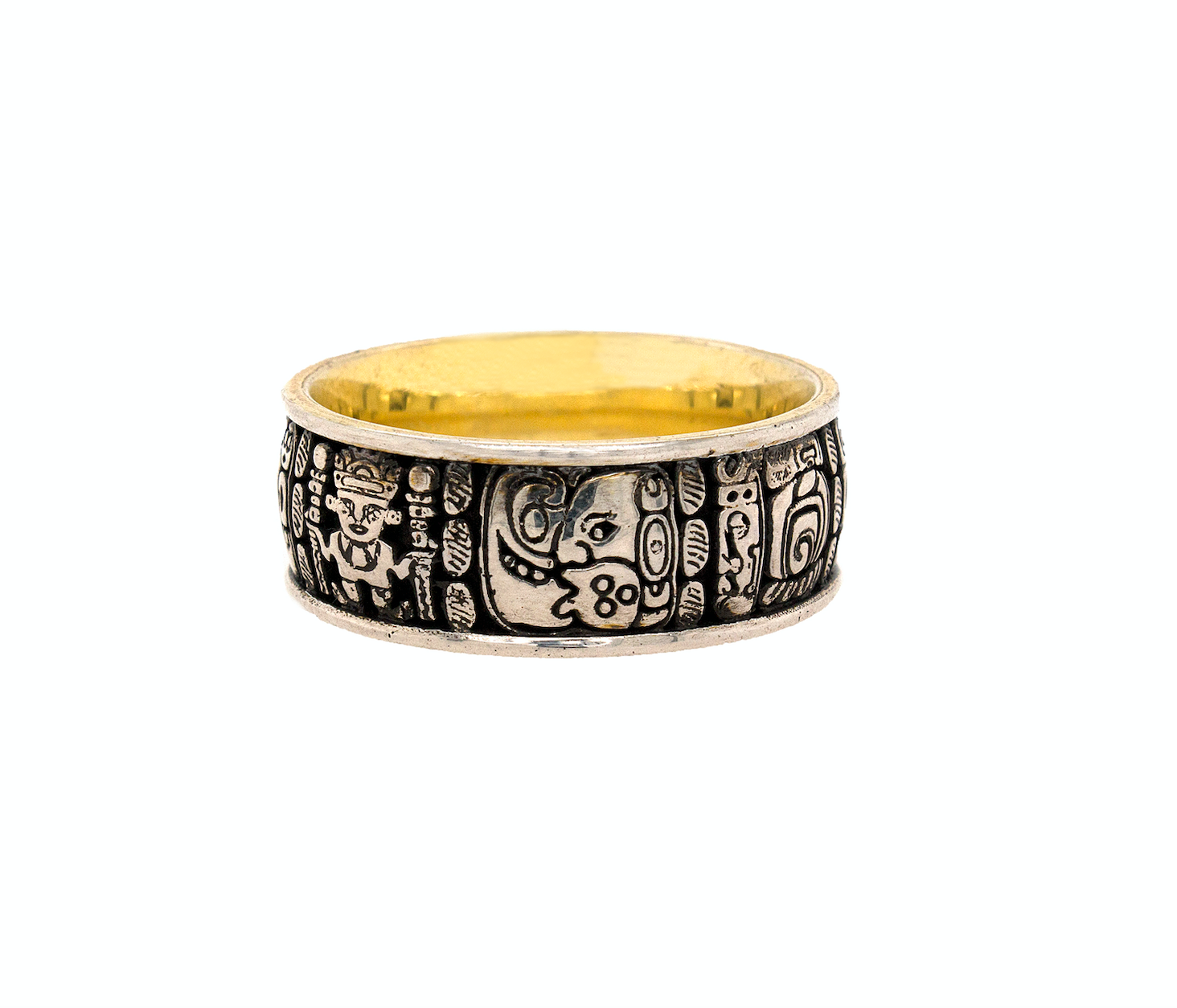 ring, ring on white background, silver ring, sterling silver ring, yellow gold plating, oxidized silver, mayan ring, mayan symbols, ancient symbols, silver and gold ring, mens rings, women's rings