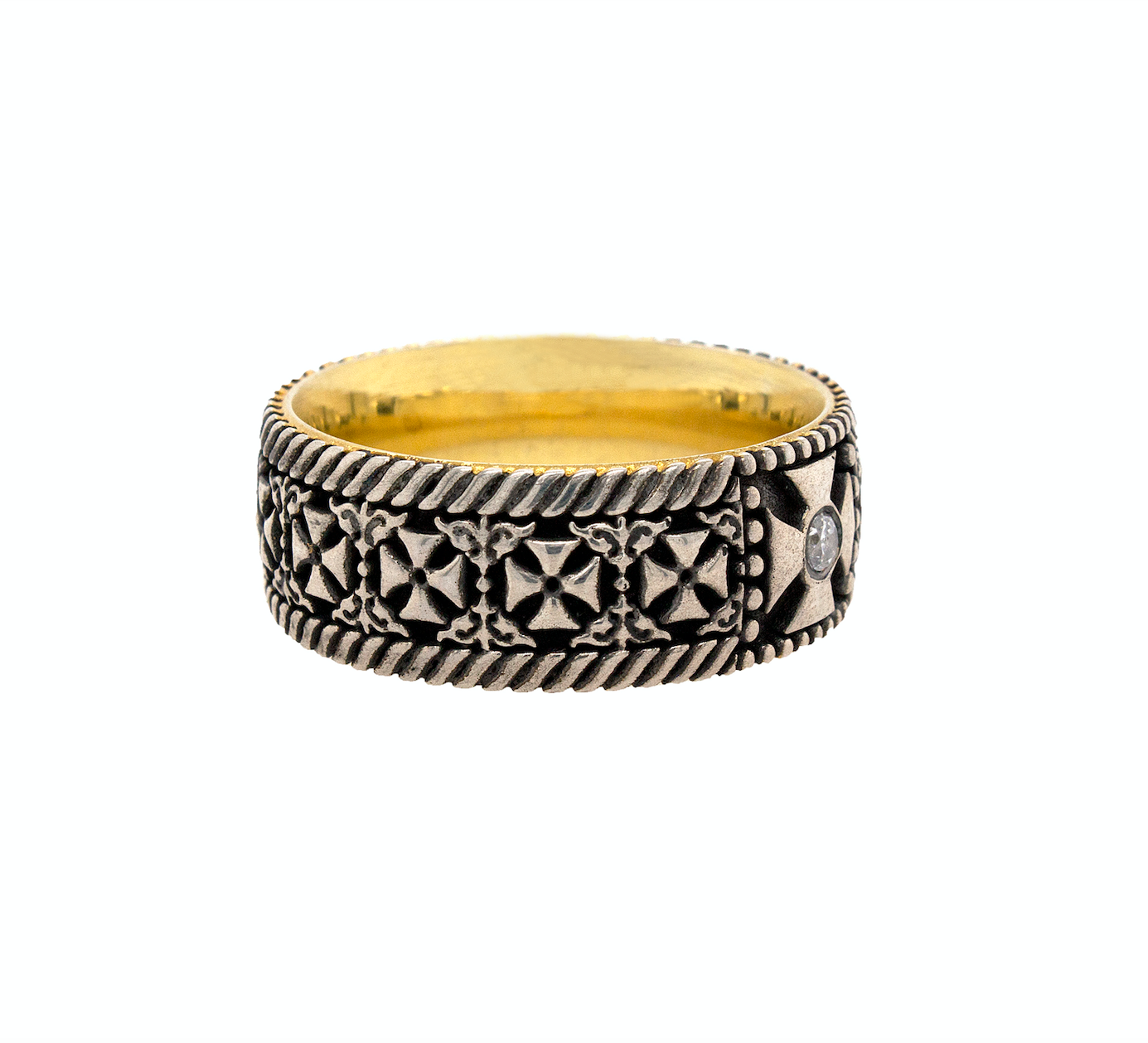 ring, ring on white background, sterling silver ring, yellow gold plate ring, oxidized silver ring, cross ring, ring with crosses, diamond ring, ring with diamond, celtic cross ring, mens ring, women's ring, celtic ring