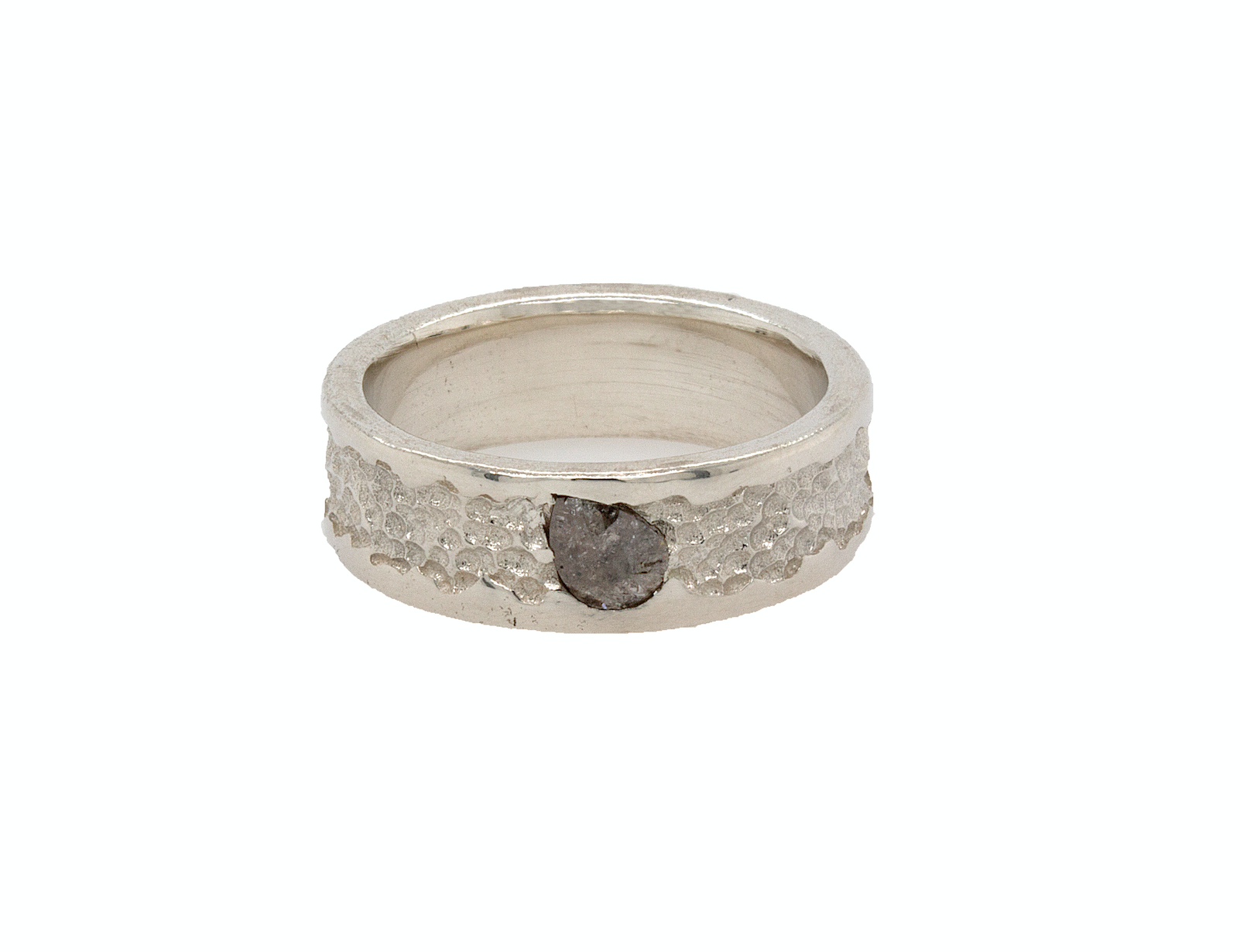 8mm, ring, ring on white background, mens ring, women's ring, hammered ring, ring with diamond, diamond wedding band, salt and pepper diamond, rough cut diamond, rough cut gemstone ring, hammered solid gold ring, white gold, white gold ring, hammered white gold ring