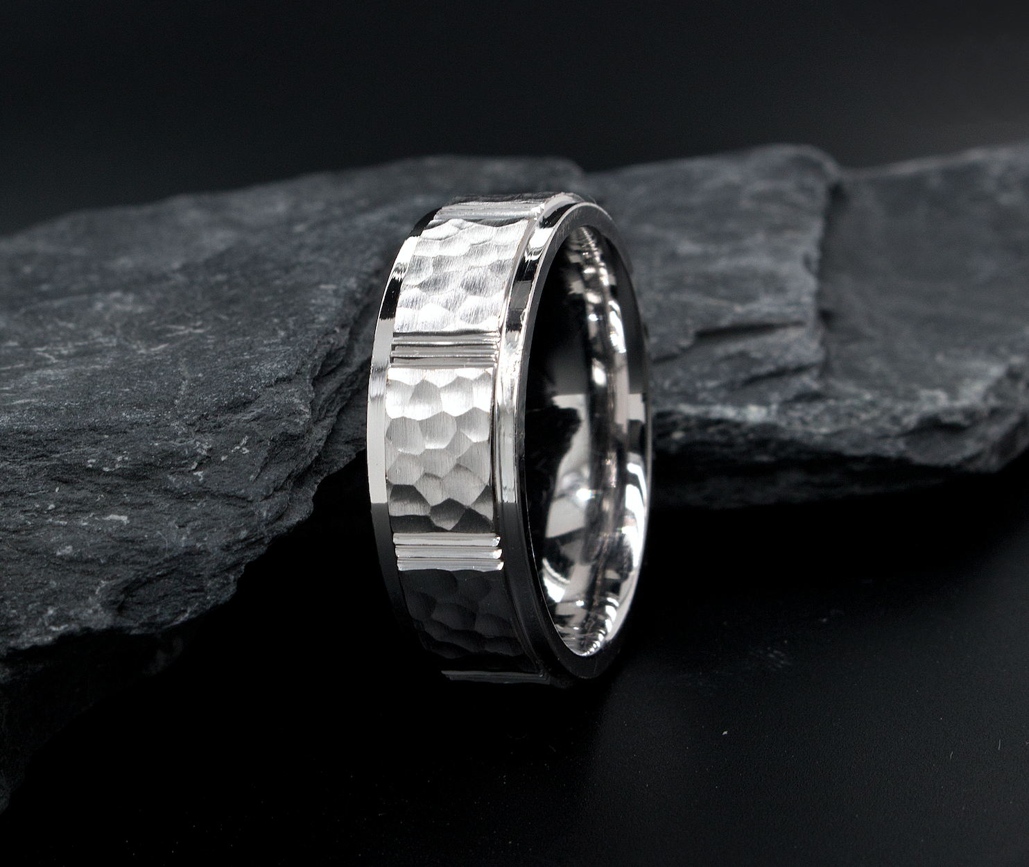 ring, ring on black background, 8mm ring, white gold ring, solid white gold ring, hammered ring, grooved ring, brushed ring, wedding band, mens wedding band, womens wedding band, mens wedding band, unisex wedding band