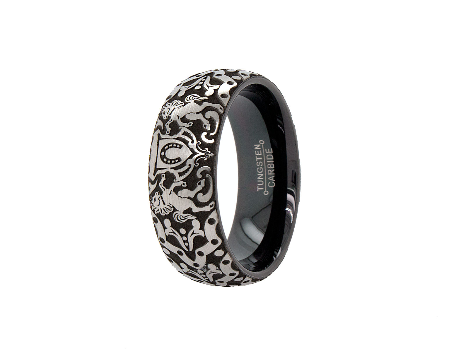 ring, ring on white background, black ring, dome shaped ring, engraved ring, horseshoe ring, medieval ring, mens ring, wedding band, women's wedding band