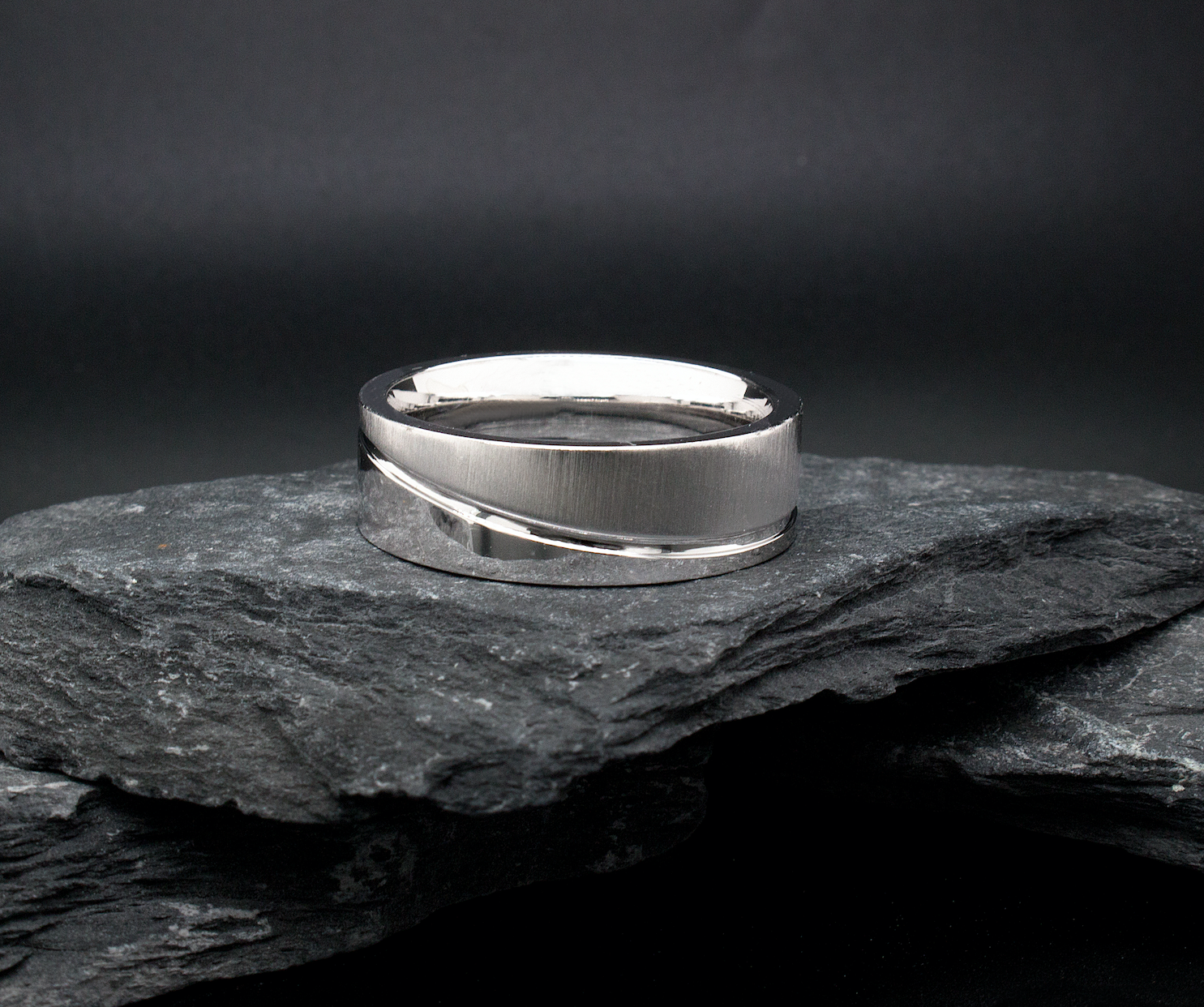 ring, ring on white background, 8mm ring, flat shape ring, grooved ring, curved groove, polished ring, brushed ring, mens wedding band, womens wedding band, promise ring, silver color ring