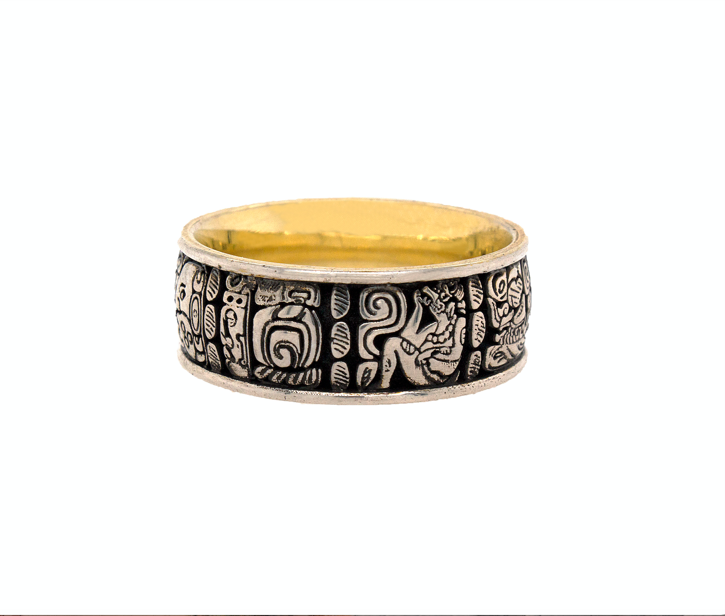 ring, ring on white background, silver ring, sterling silver ring, yellow gold plating, oxidized silver, mayan ring, mayan symbols, ancient symbols, silver and gold ring, mens rings, women's rings