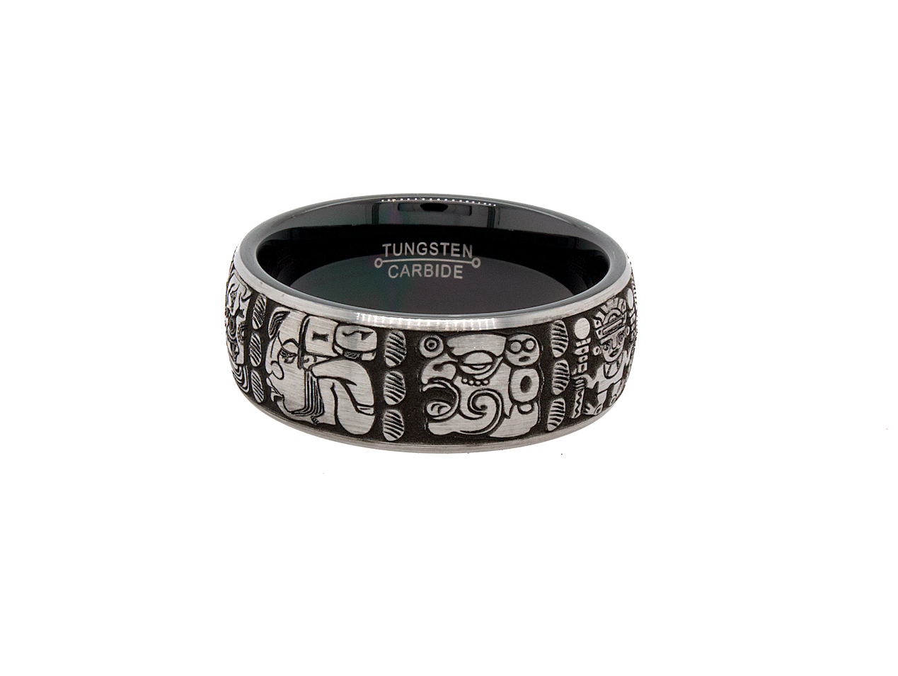 ring, ring on white background, mens wedding band, women's wedding band, 8mm ring, 8mm tungsten band, black plated ring, mayan wedding band, custom wedding band, engraved ring, ring with mayan symbols