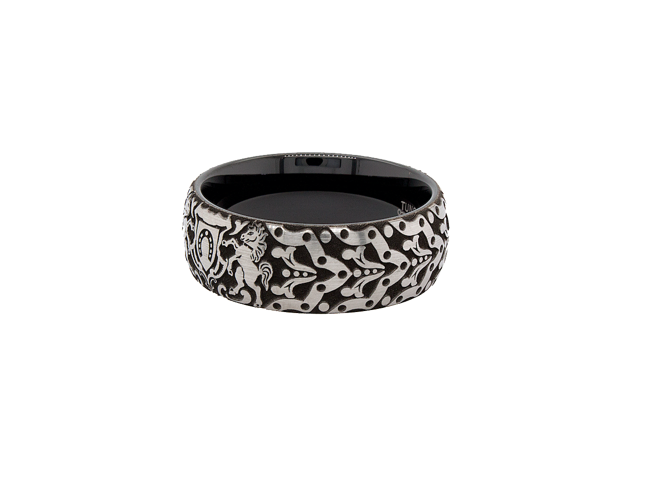 ring, ring on white background, black ring, black plated tungsten, horseshoe ring, ring with horses, medieval ring, wedding band  Edit alt text