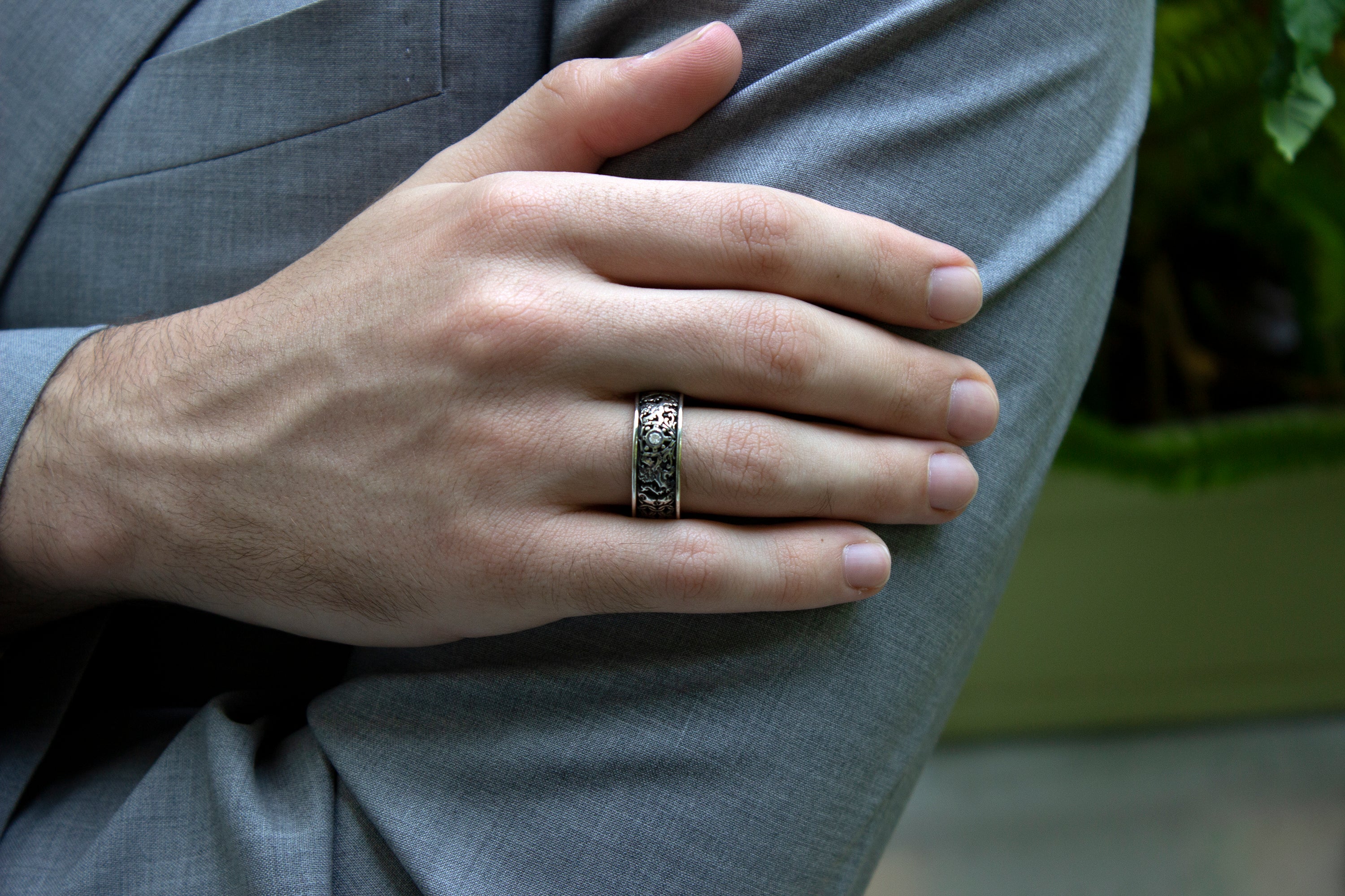 ring, ring on white background, silver ring, sterling silver ring, yellow gold plated ring, engraved ring, custom ring, medieval ring, yellow gold plated ring, diamond ring, shield, lions, mens ring, women's ring