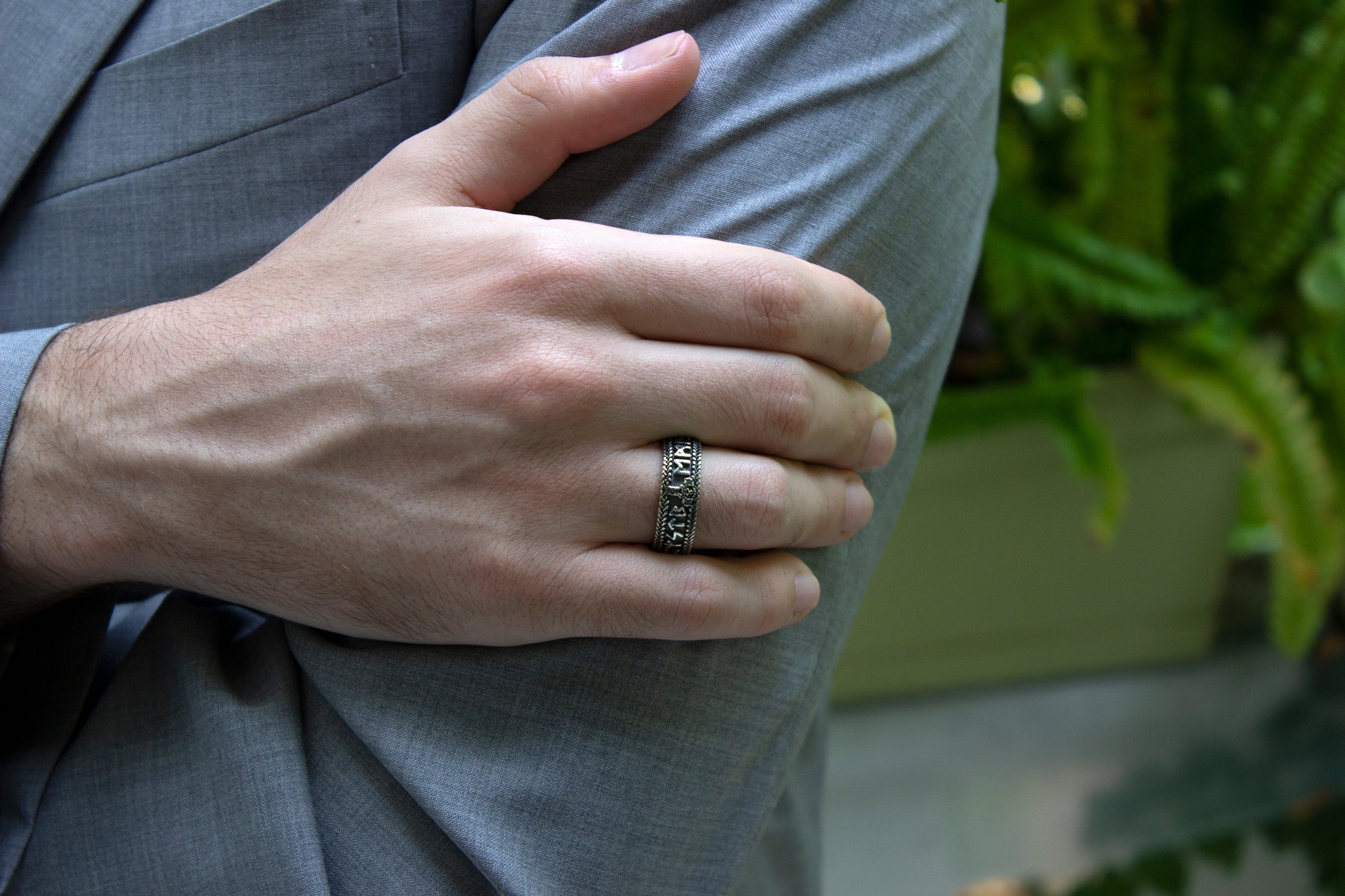 ring, ring on white background, mens ring, women's ring, silver ring, sterling silver ring, oxidized ring, yellow gold plated ring, runes ring, runic ring, custom ring, personalized ring, ring with engraving