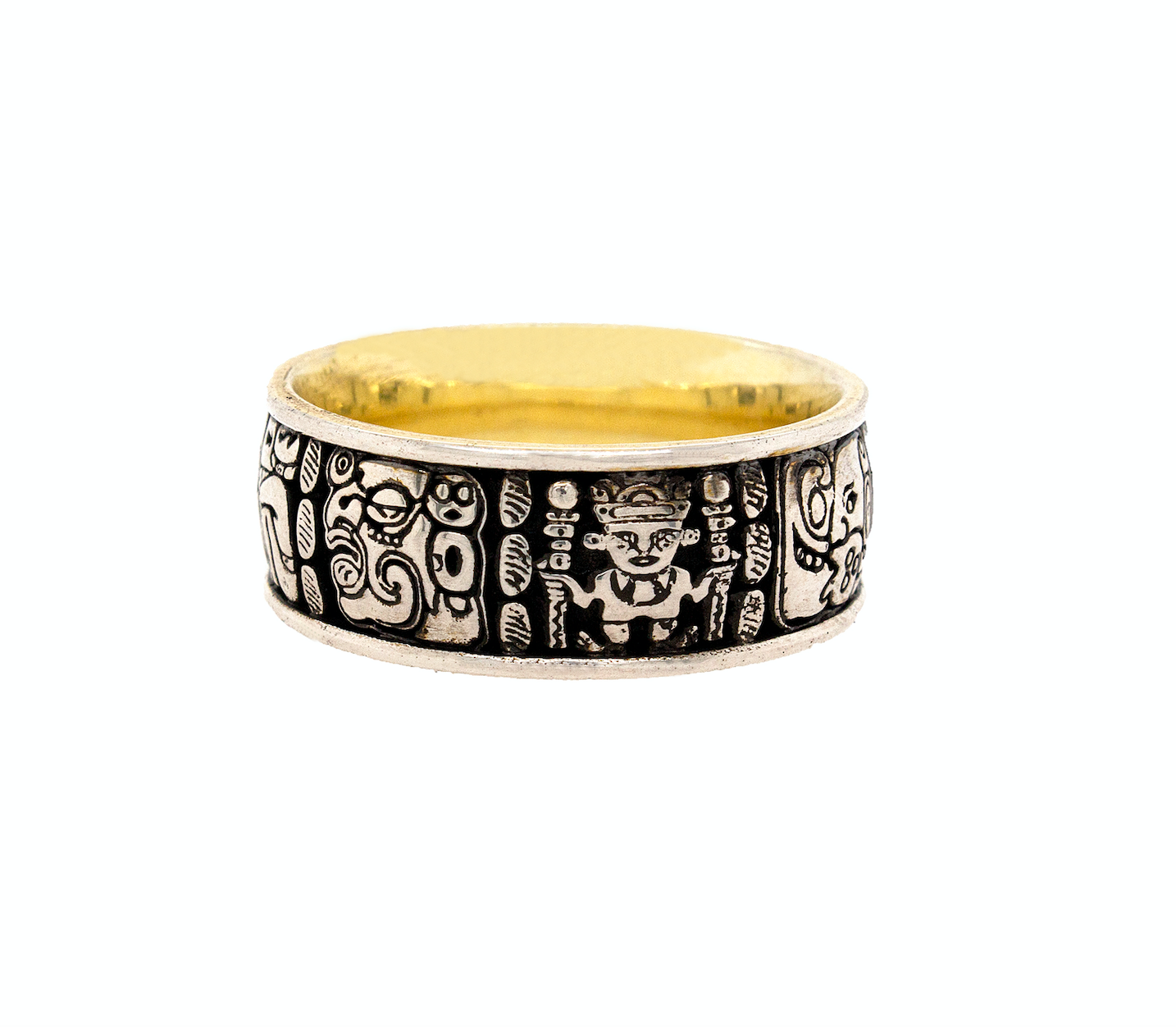 ring, ring on white background, silver ring, sterling silver ring, yellow gold plating, oxidized silver, mayan ring, mayan symbols, ancient symbols, silver and gold ring, mens rings, women's rings