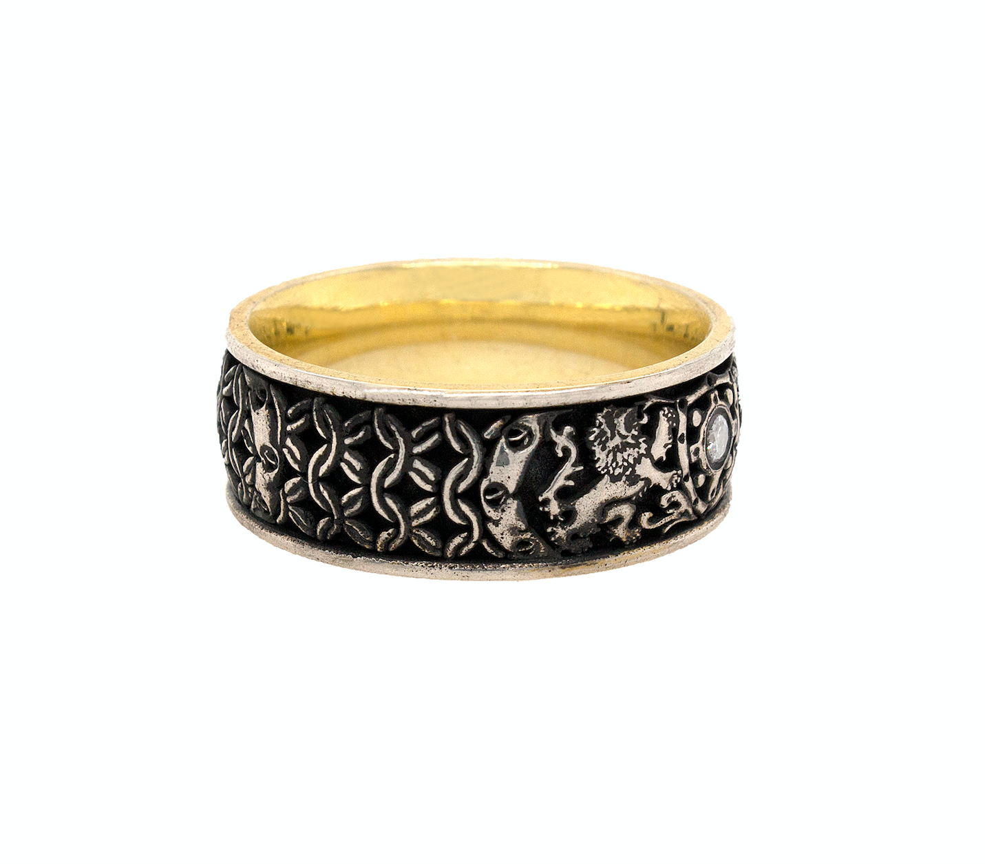 ring, ring on white background, silver ring, sterling silver ring, yellow gold plated ring, engraved ring, custom ring, medieval ring, yellow gold plated ring, diamond ring, shield, lions, mens ring, women's ring