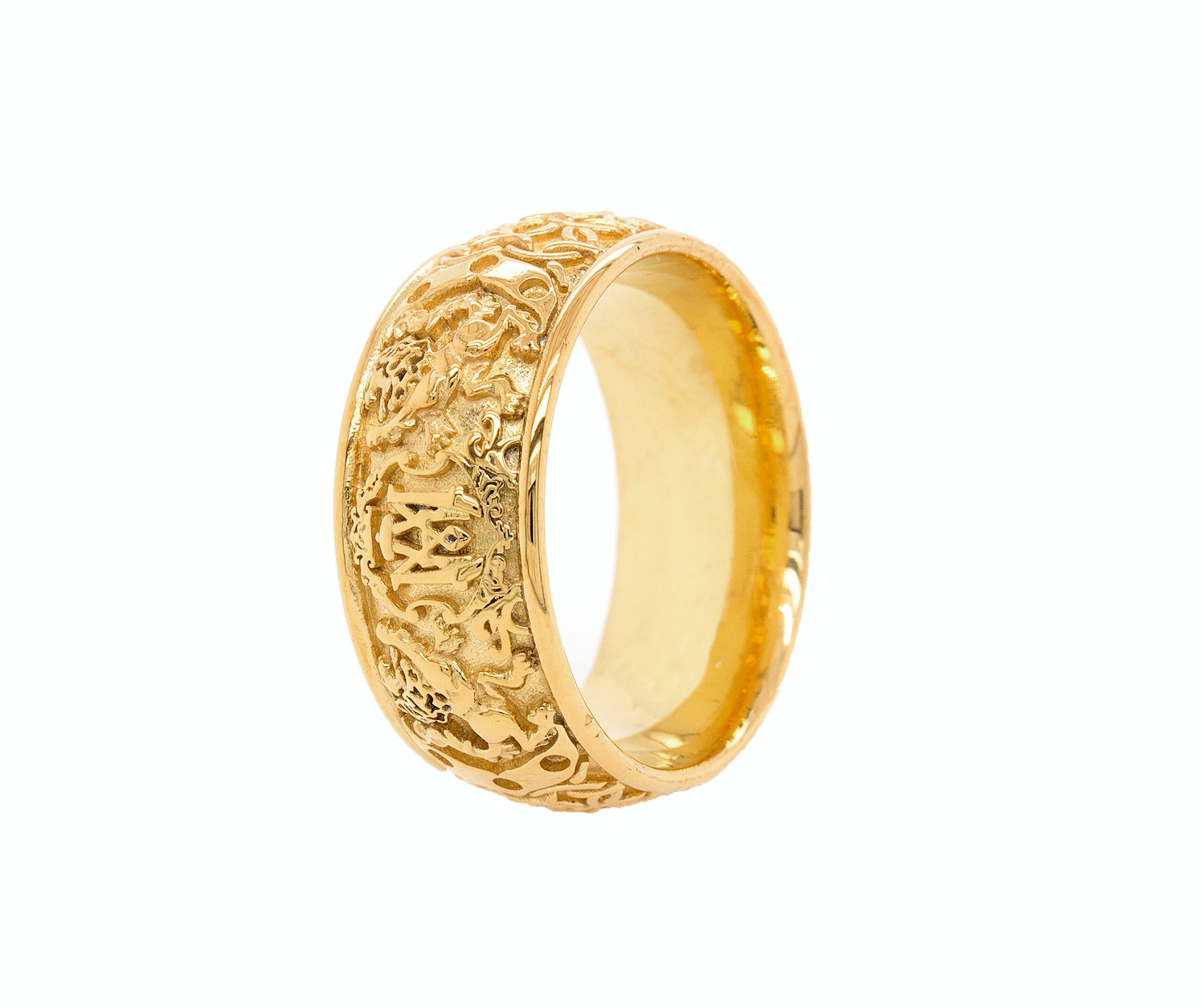 ring, ring on white background, gold ring, yellow gold ring, mens ring, wedding band, custom wedding band, ring with initials, personalized ring, medieval engravings, medieval inspired ring, ring with lions, monogram ring, unisex wedding band
