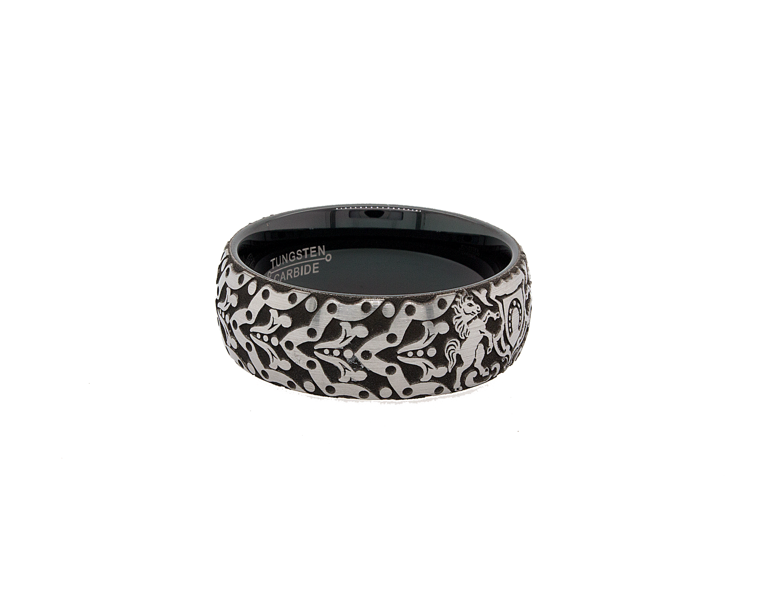 ring, ring on white background, black ring, dome shaped ring, engraved ring, horseshoe ring, medieval ring, mens ring, wedding band, women's wedding band