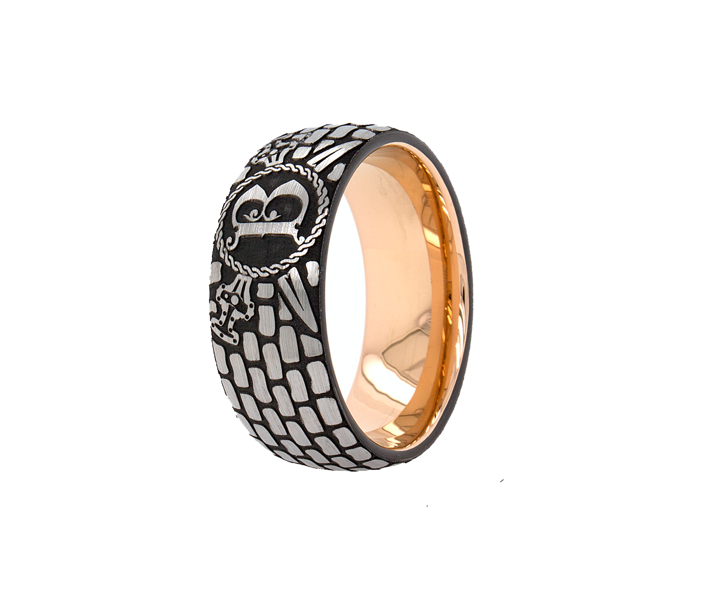 ring, ring on white background, ring with rose gold interior, brick pattern ring, ring with sword engraving, ring with initials, ring with b initial, ring with g initial, brick pattern, tungsten wedding band, mens wedding band, 9mm ring, 9mm tungsten ring, women's wedding band, unisex ring, tungsten wedding band, custom ring, personalized wedding band