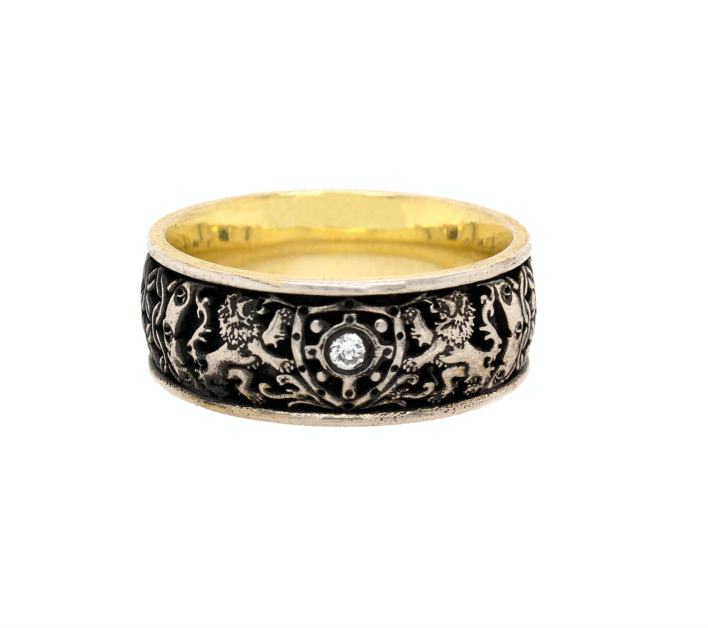 ring, ring on white background, silver ring, sterling silver ring, yellow gold plated ring, engraved ring, custom ring, medieval ring, yellow gold plated ring, diamond ring, shield, lions, mens ring, women's ring