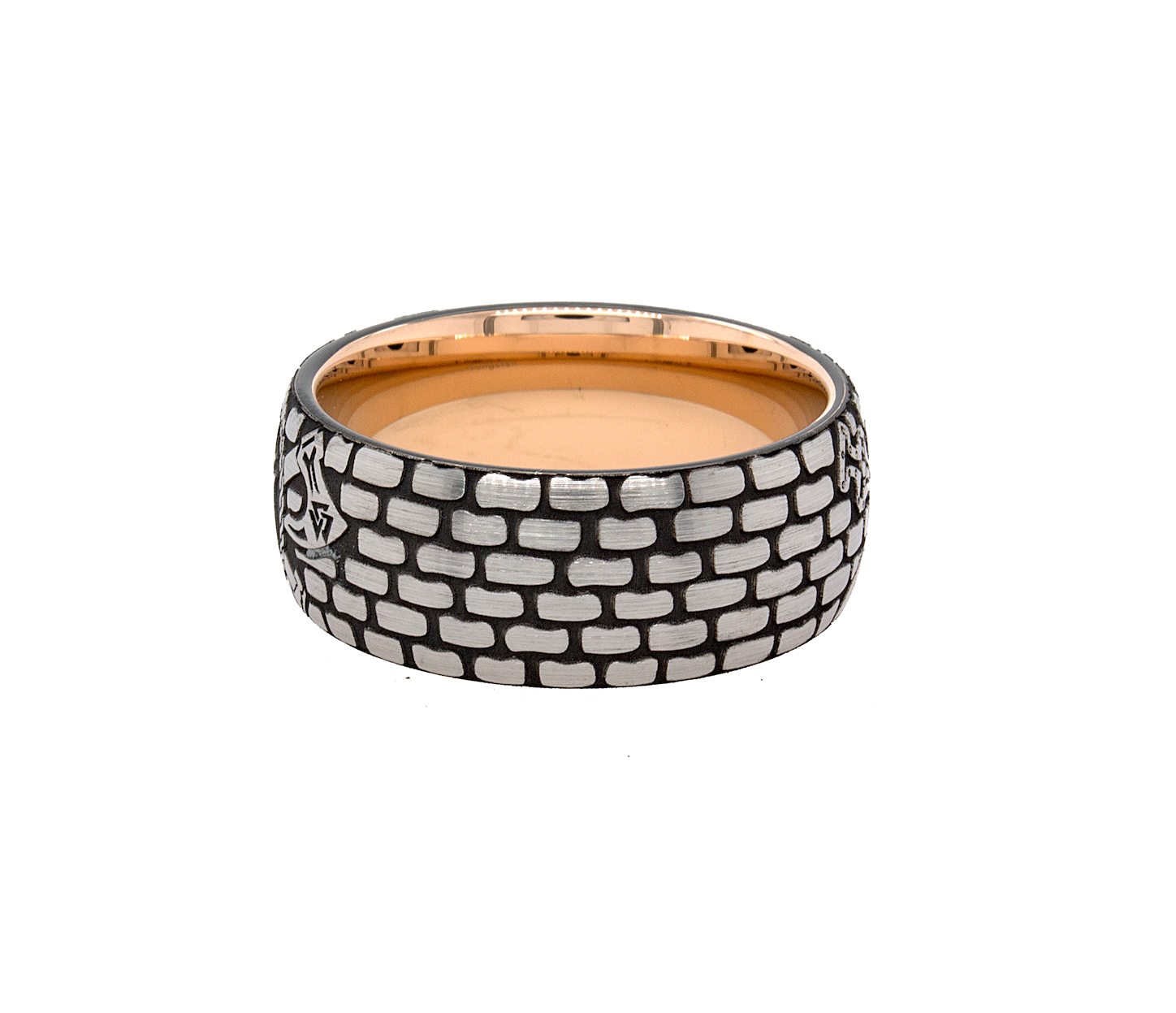 ring, ring on white background, ring with rose gold interior, brick pattern ring, ring with sword engraving, ring with initials, ring with b initial, ring with g initial, brick pattern, tungsten wedding band, mens wedding band, 9mm ring, 9mm tungsten ring, women's wedding band, unisex ring, tungsten wedding band, custom ring, personalized wedding band
