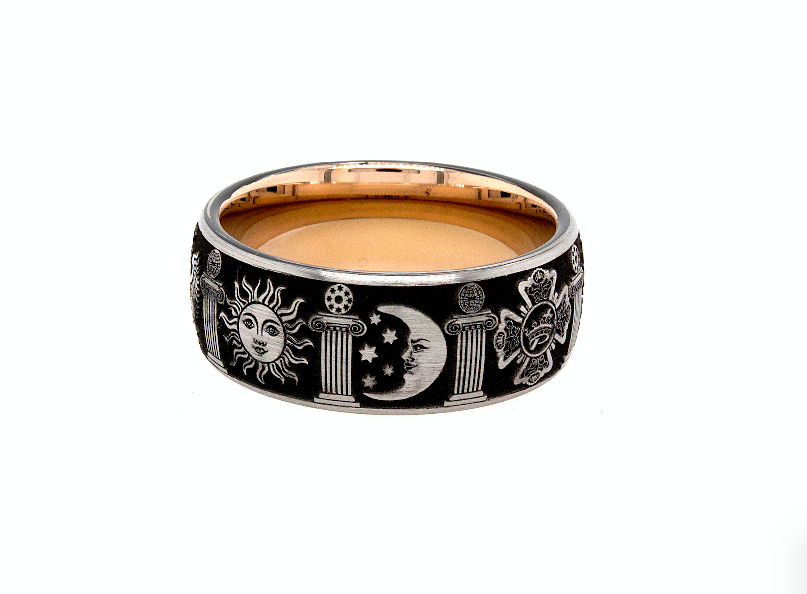 ring, ring with white background, masonic ring, tungsten ring, tungsten wedding band. rose gold ring, mason ring, ring with symbols, 8mm ring, dome shaped ring, wedding band, mens wedding band, women's wedding band
