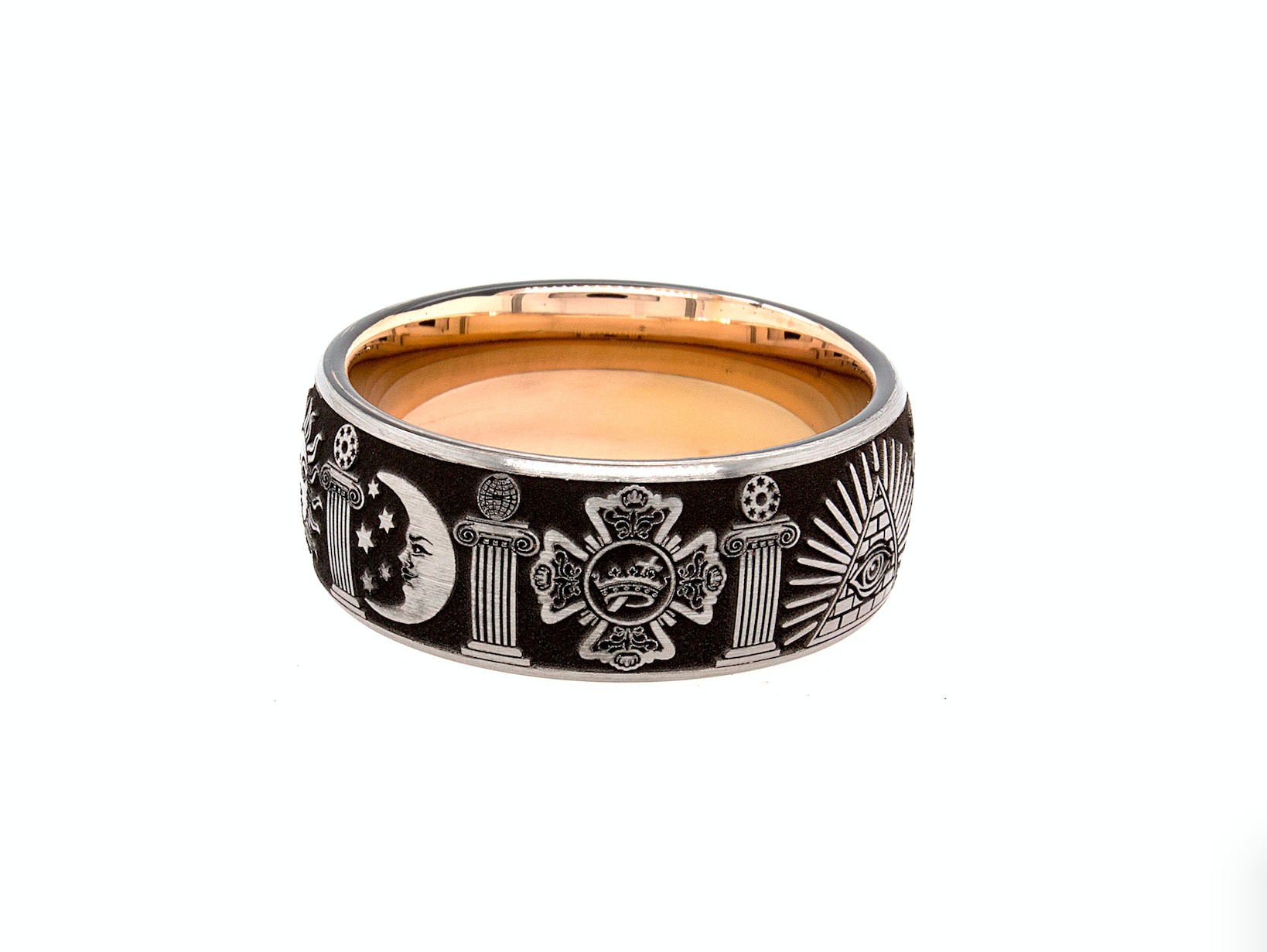 ring, ring with white background, masonic ring, tungsten ring, tungsten wedding band. rose gold ring, mason ring, ring with symbols, 8mm ring, dome shaped ring, wedding band, mens wedding band, women's wedding band