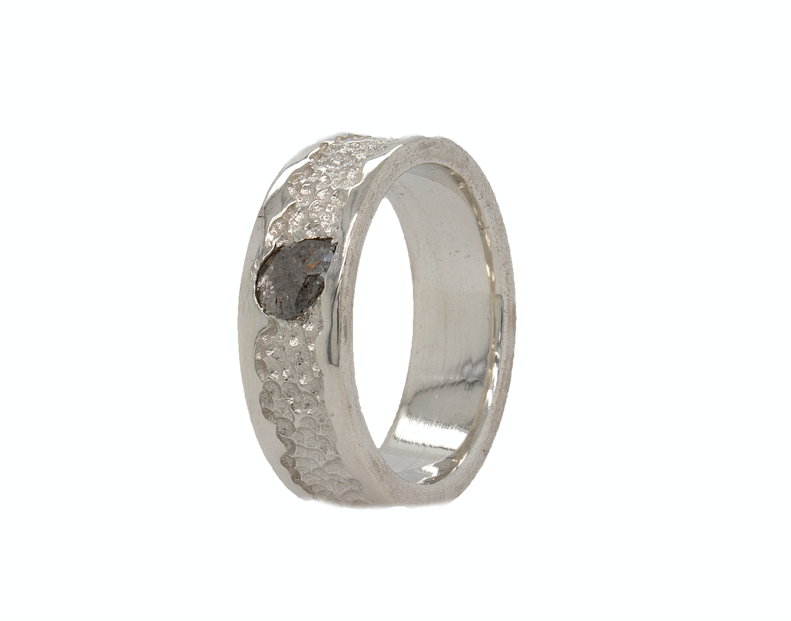 8mm, ring, ring on white background, mens ring, women's ring, hammered ring, ring with diamond, diamond wedding band, salt and pepper diamond, rough cut diamond, rough cut gemstone ring, hammered solid gold ring, white gold, white gold ring, hammered white gold ring