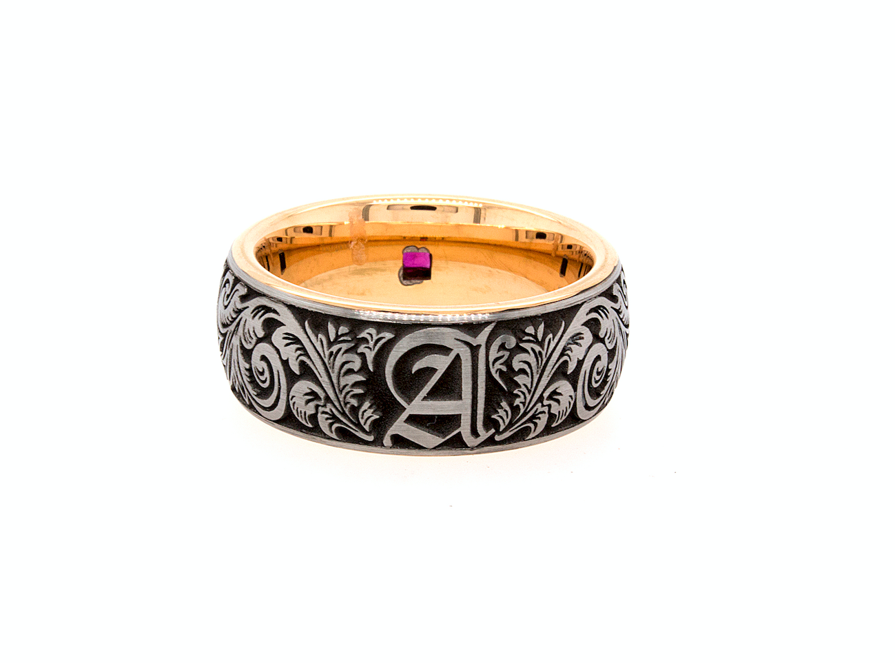 8mm ring, ring, ring on white background, rose gold ring, victorian wedding band, tungsten ring, rose gold plated ring, ruby ring, square shaped ruby, wedding band, women's wedding band, victorian ring, custom ring, engraved ring