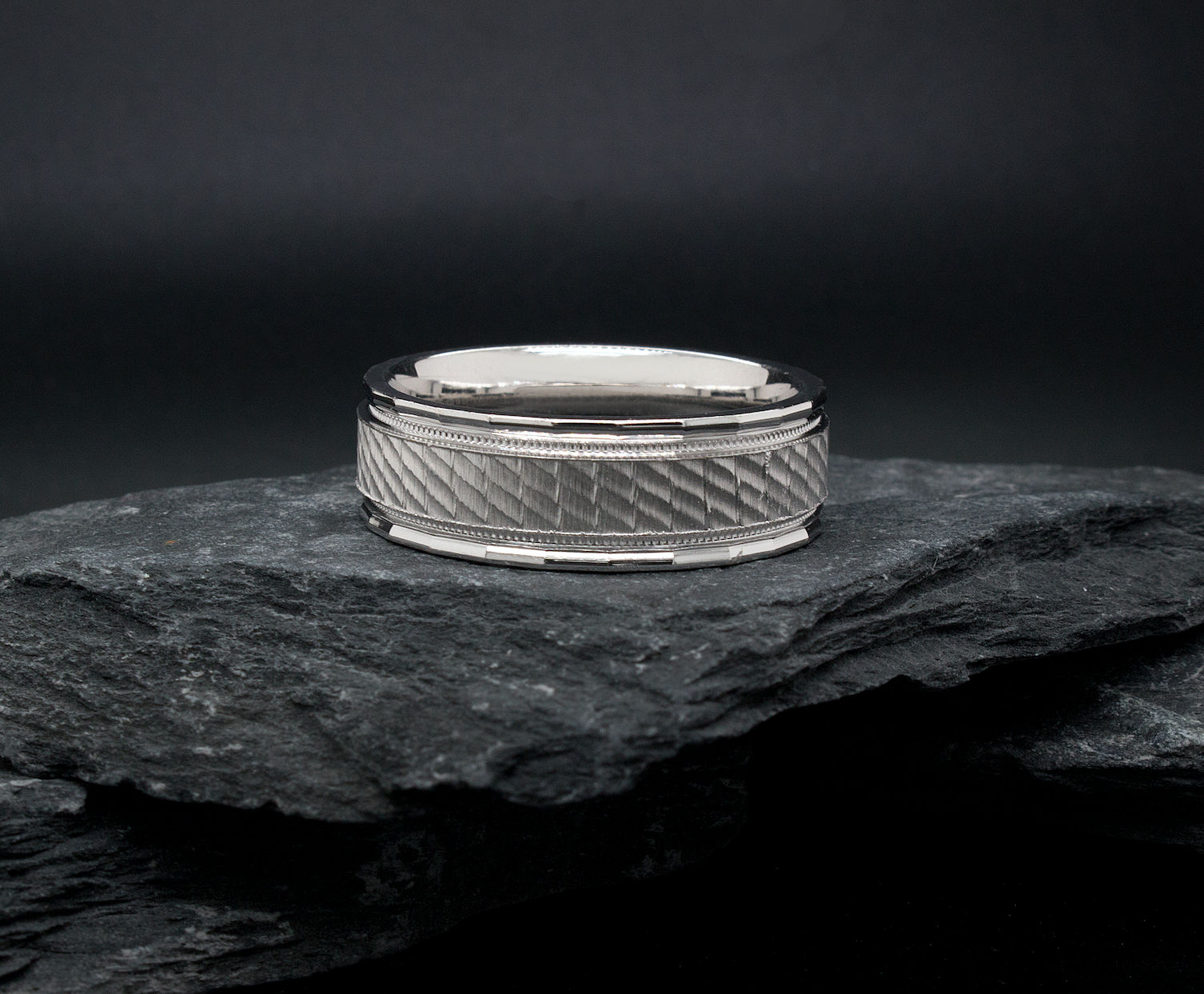 ring, ring on white background, 8mm ring, flat shaped ring, solid gold ring, white gold ring, mens wedding band, womens wedding band, unisex ring, shimmery pattern, milgrain engraving, unisex ring, stackable ring