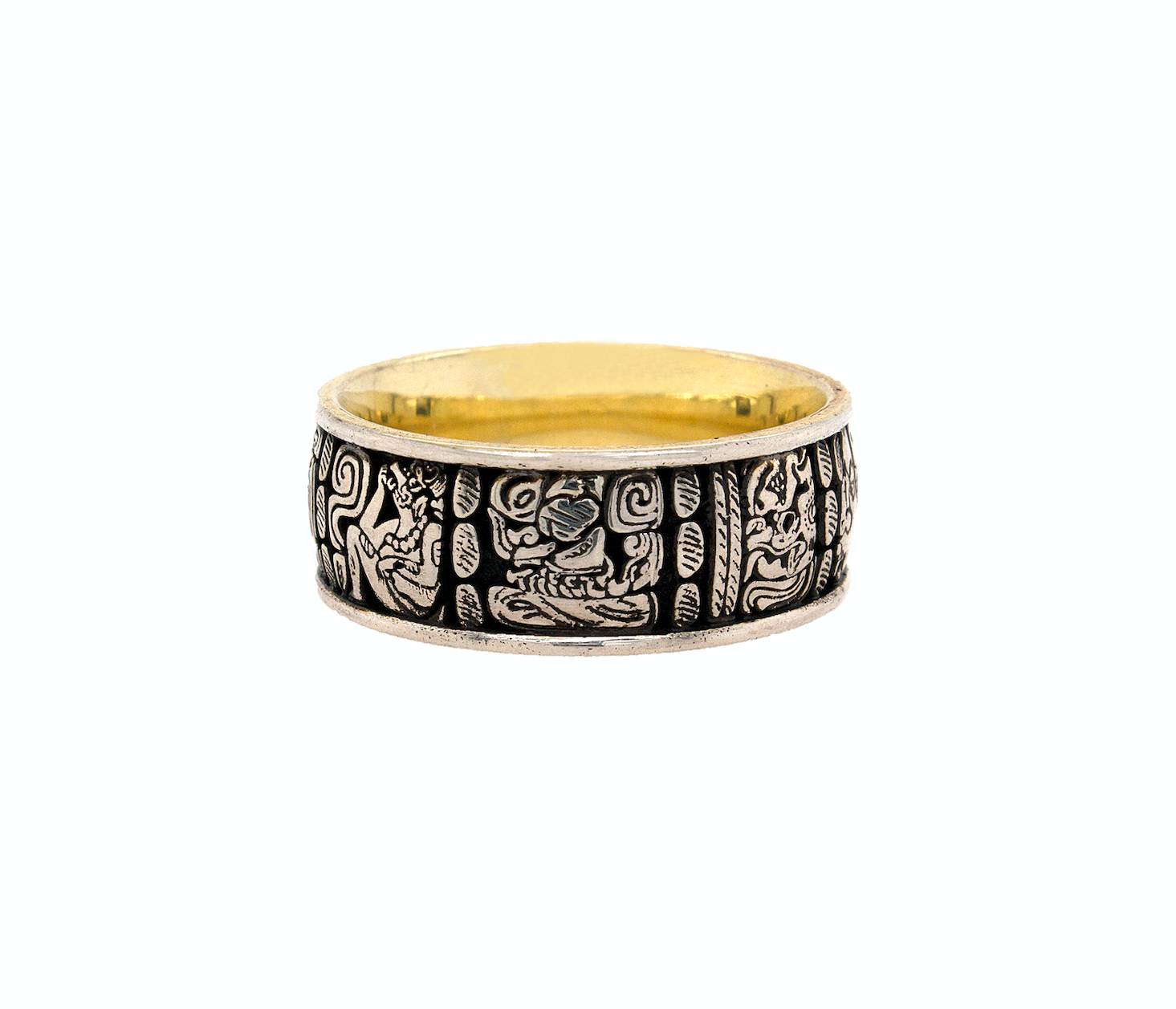 ring, ring on white background, silver ring, sterling silver ring, yellow gold plating, oxidized silver, mayan ring, mayan symbols, ancient symbols, silver and gold ring, mens rings, women's rings