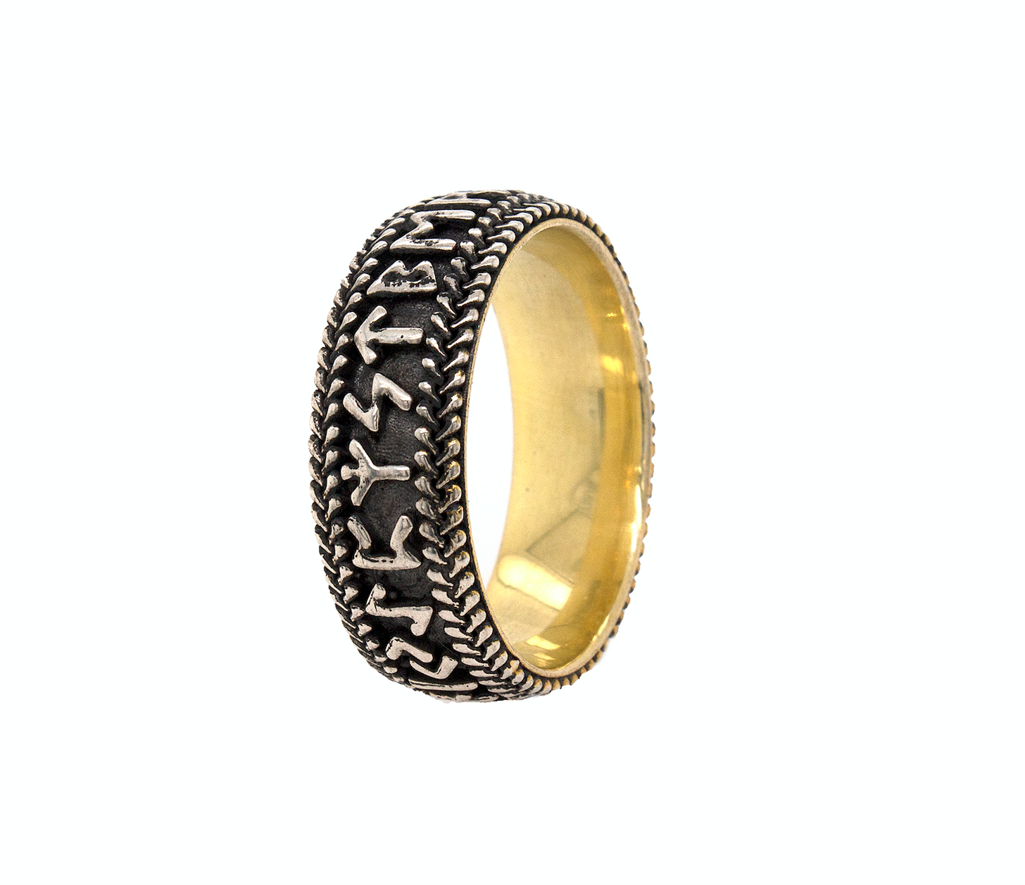 ring, ring on white background, mens rings, women's rings, yellow gold plated ring, runic ring, viking ring, custom ring, sterling silver ring, silver ring, runes ring, personalized engraving, engraved ring