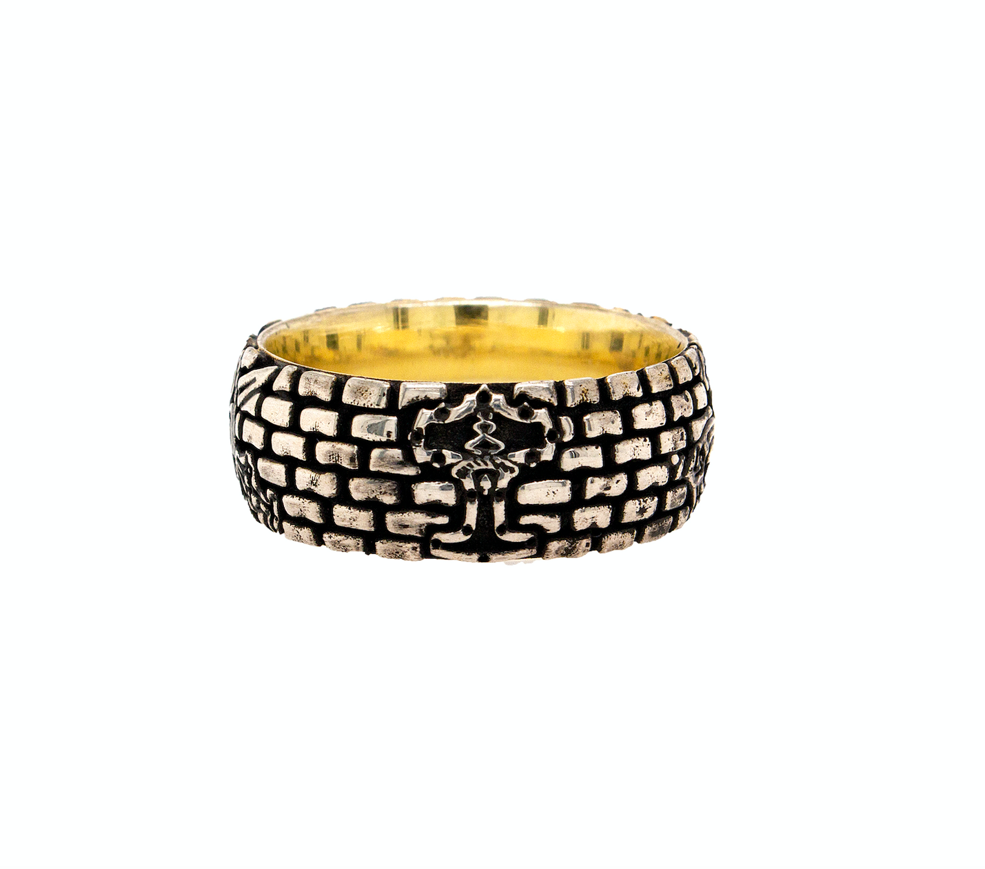 ring, ring on white background, mens rings, women's rings, silver ring, dome shaped ring, 8mm ring, yellow gold plated ring, brick pattern, viking ring, viking symbols, shield, swords, axes, hammer, custom silver ring