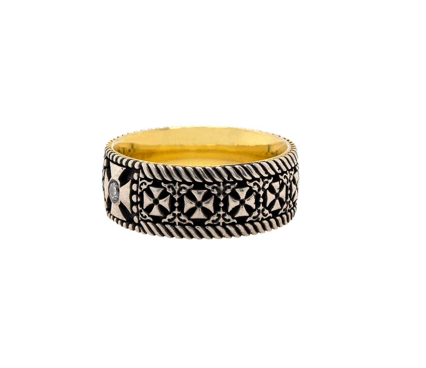 ring, ring on white background, sterling silver ring, yellow gold plate ring, oxidized silver ring, cross ring, ring with crosses, diamond ring, ring with diamond, celtic cross ring, mens ring, women's ring, celtic ring