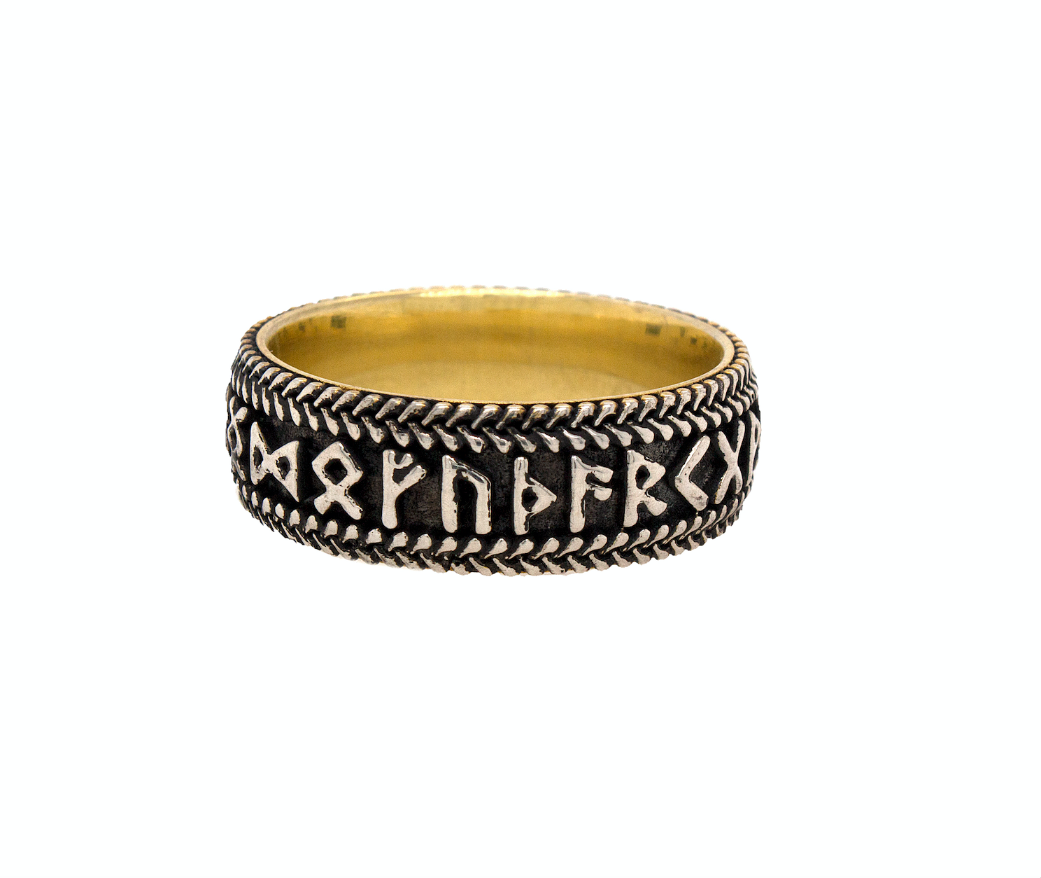 ring, ring on white background, mens rings, women's rings, yellow gold plated ring, runic ring, viking ring, custom ring, sterling silver ring, silver ring, runes ring, personalized engraving, engraved ring