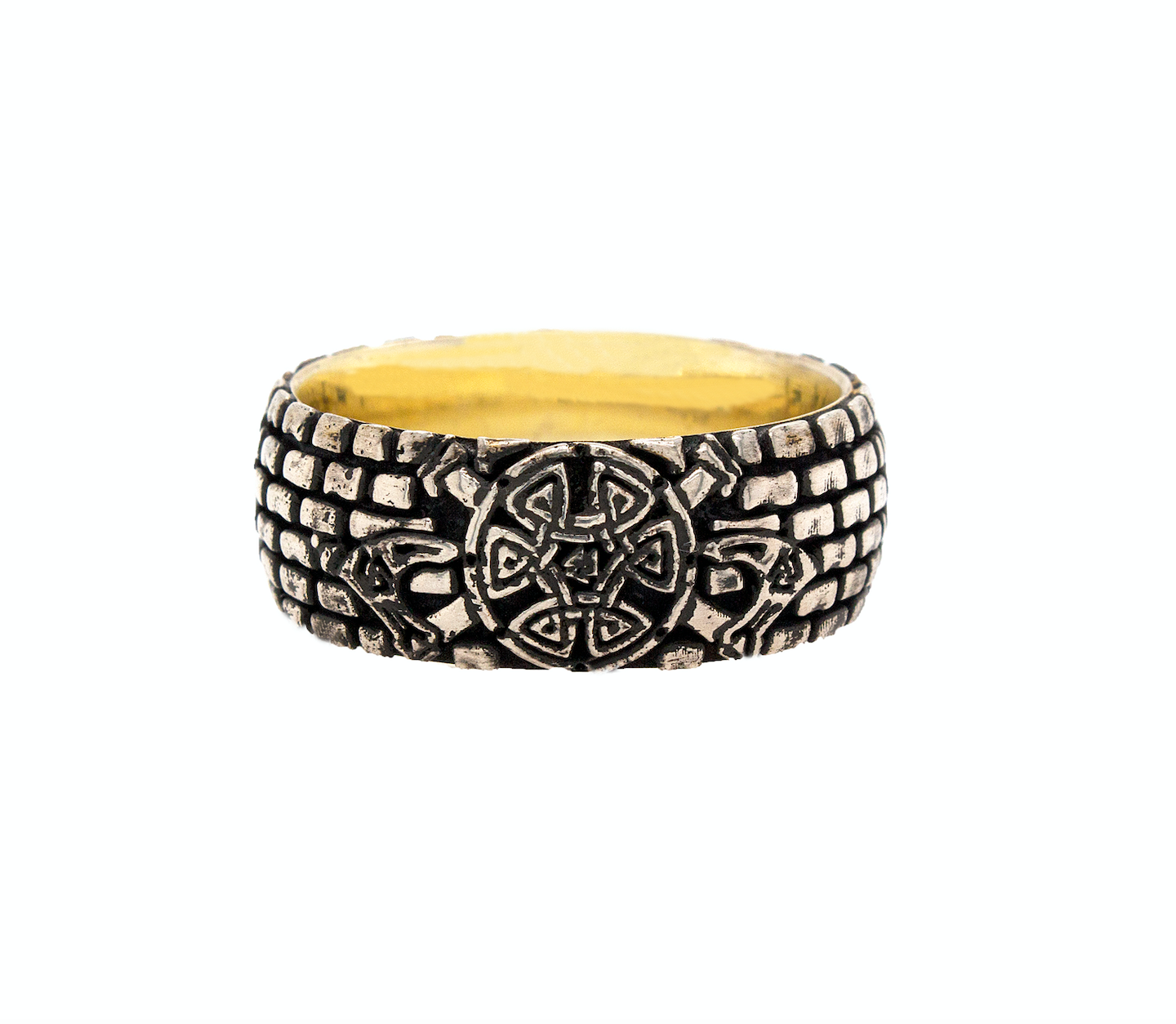 ring, ring on white background, mens rings, women's rings, silver ring, dome shaped ring, 8mm ring, yellow gold plated ring, brick pattern, viking ring, viking symbols, shield, swords, axes, hammer, custom silver ring