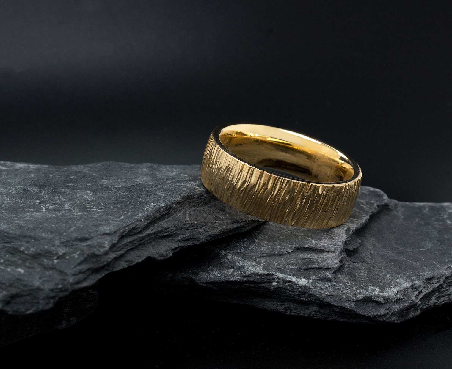 ring, ring on white background, yellow gold ring, dome shaped ring, solid yellow gold ring, tree bark texture, textured ring, tree bark ring, custom ring, mens ring, womens ring, unisex ring, wedding band, wedding band for men, 8mm ring