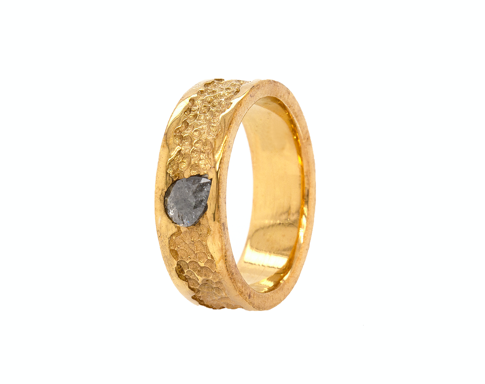 ring, ring on white background, solid gold ring, hammered ring, polished ring, rough cut diamond, salt and pepper diamond, wedding band, mens wedding band, womens wedding band, 8mm ring, flat shaped ring, solid gold wedding band