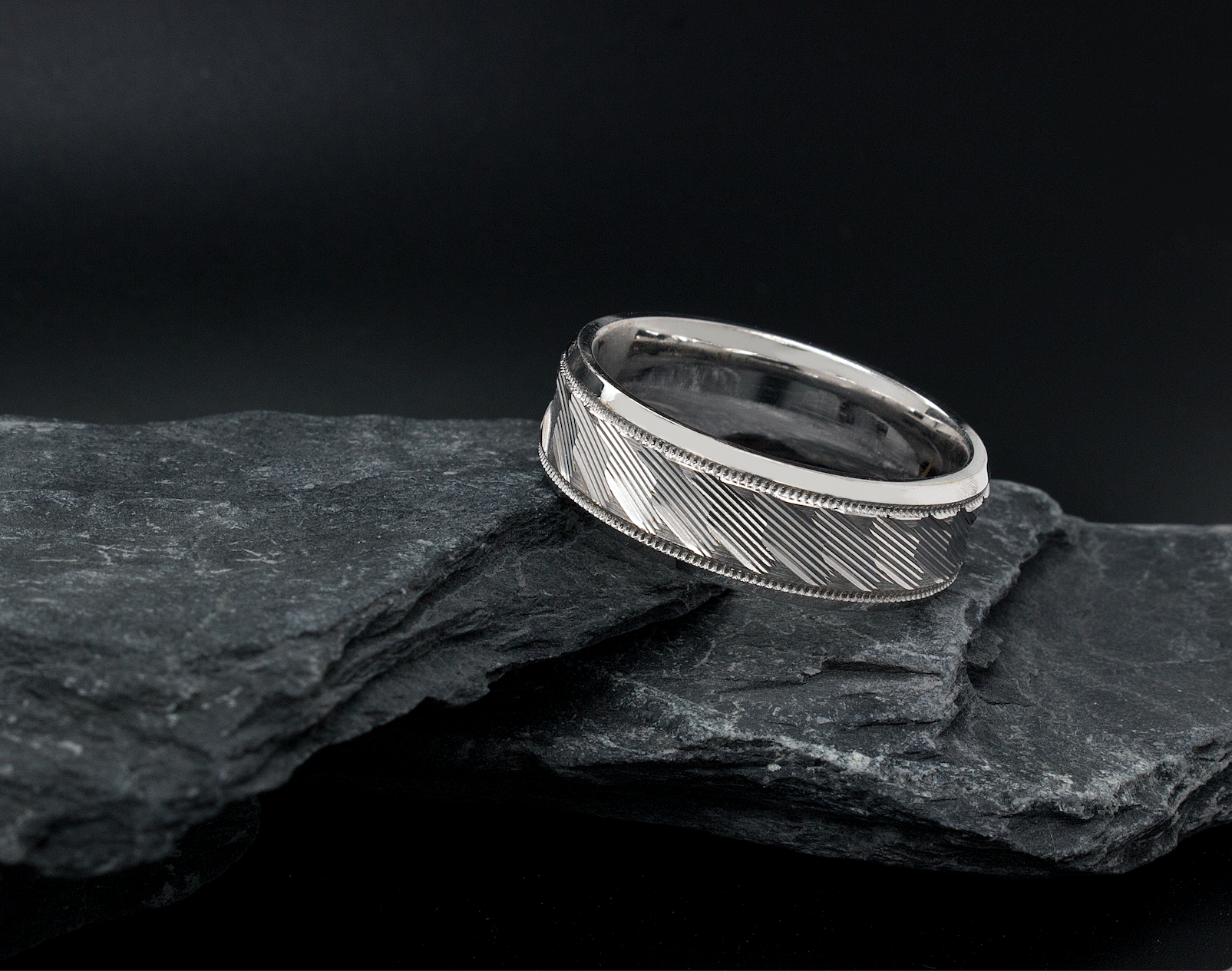 8mm, Flat Shaped, Solid White Gold Ring with Diagonal Grooved Pattern, and Milgrain Detailing
